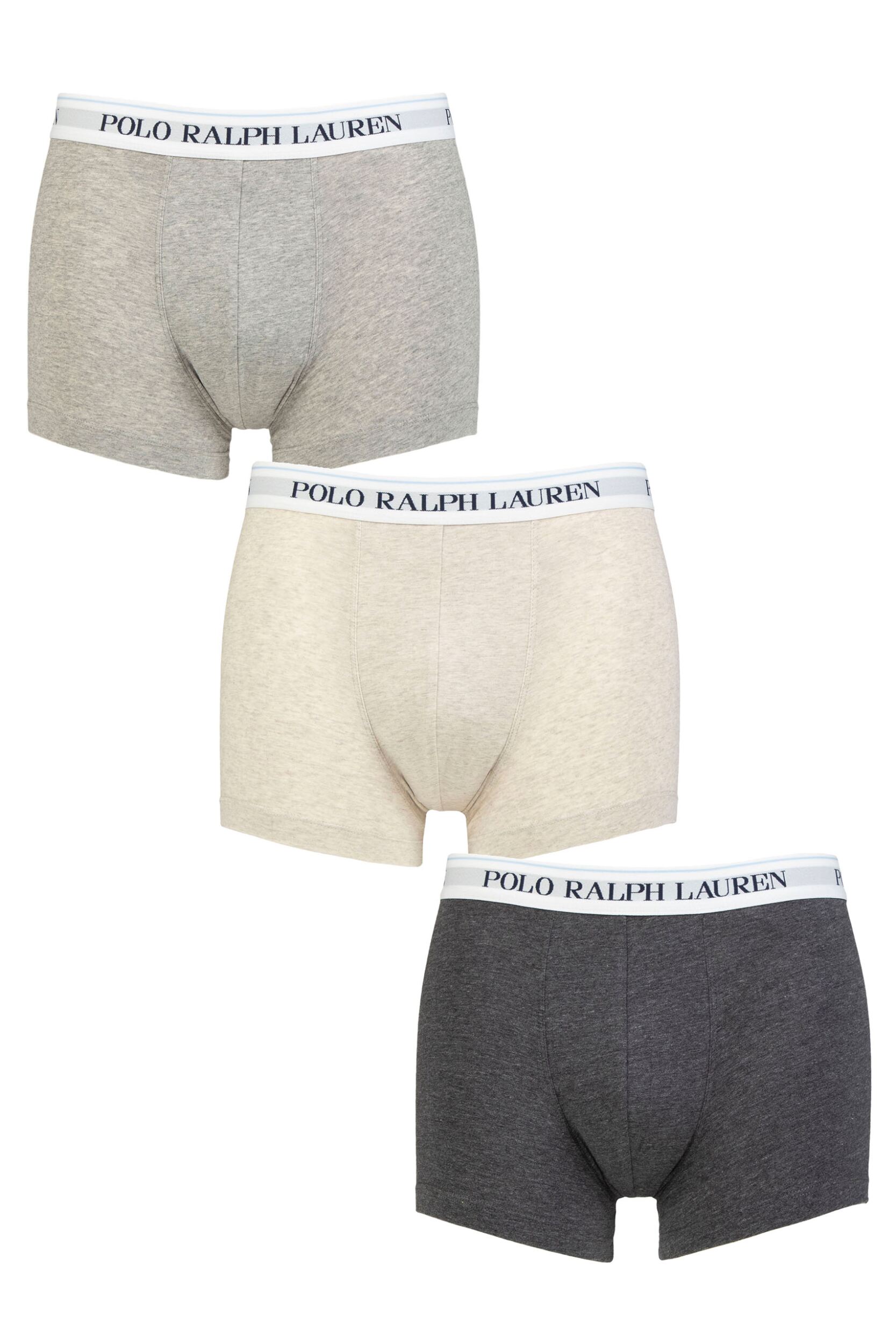 Mens 3 Pair Ralph Lauren Stretch Cotton Classic Trunks Grey / Cream / Charcoal XL