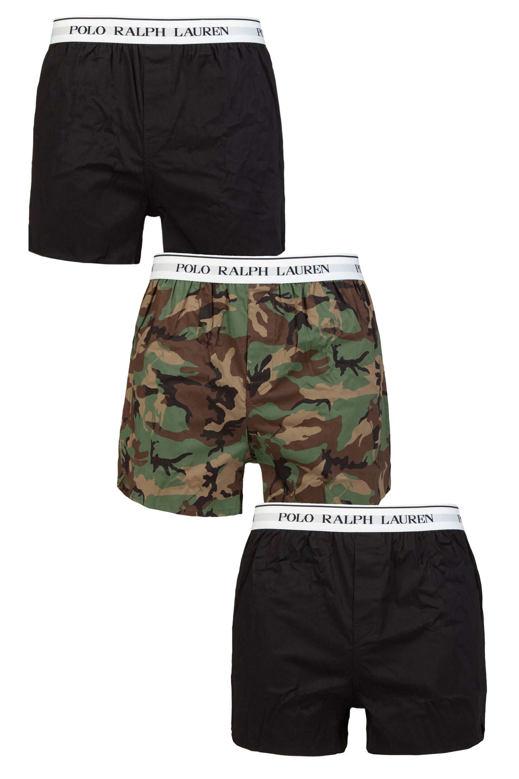 Mens 3 Pair Ralph Lauren Stretch Cotton Slim Fit Boxers Black / Camo / Black S