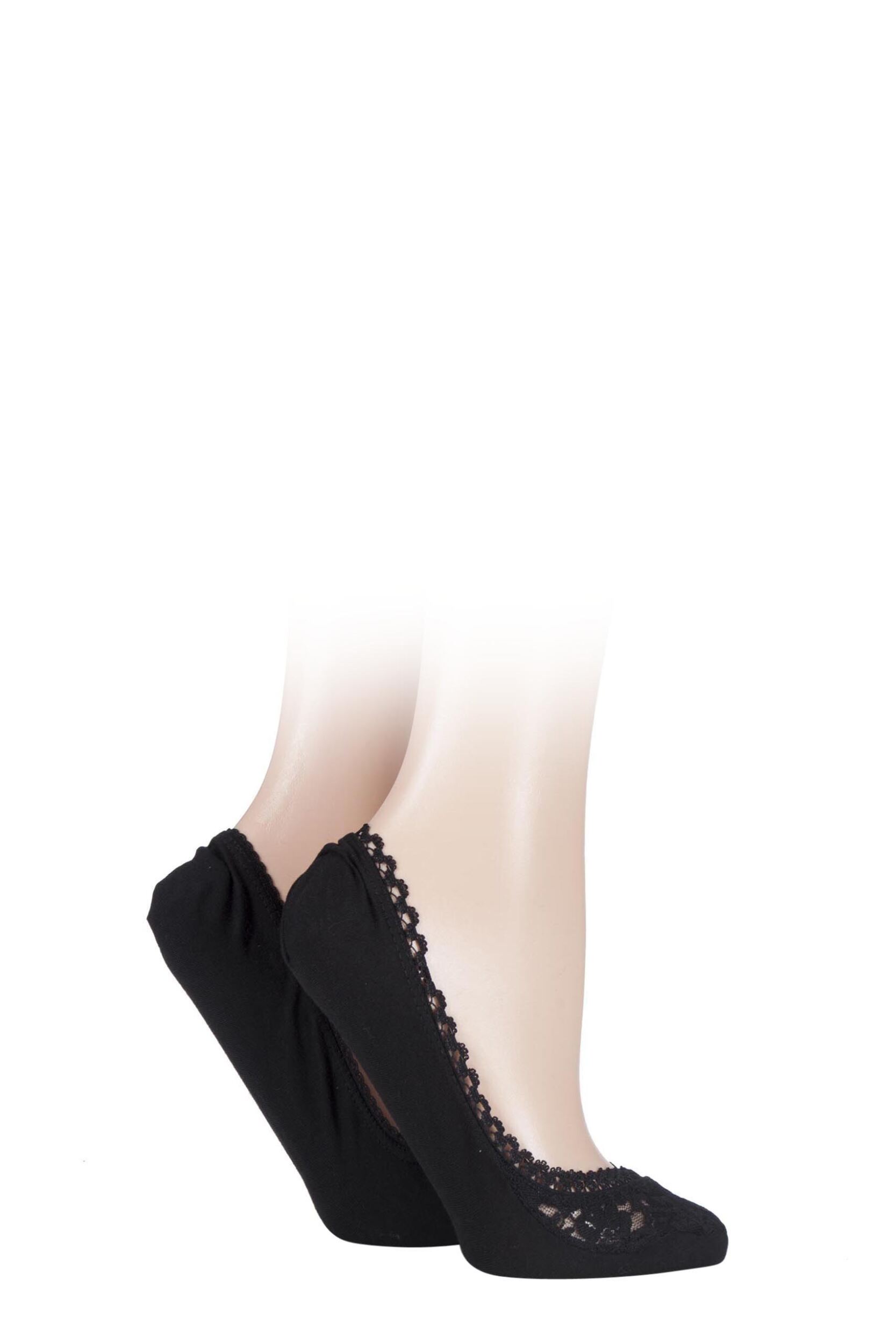 2 Pair Black Lacy and Plain Fashion Shoe Liners Ladies 4-8 Ladies - Elle