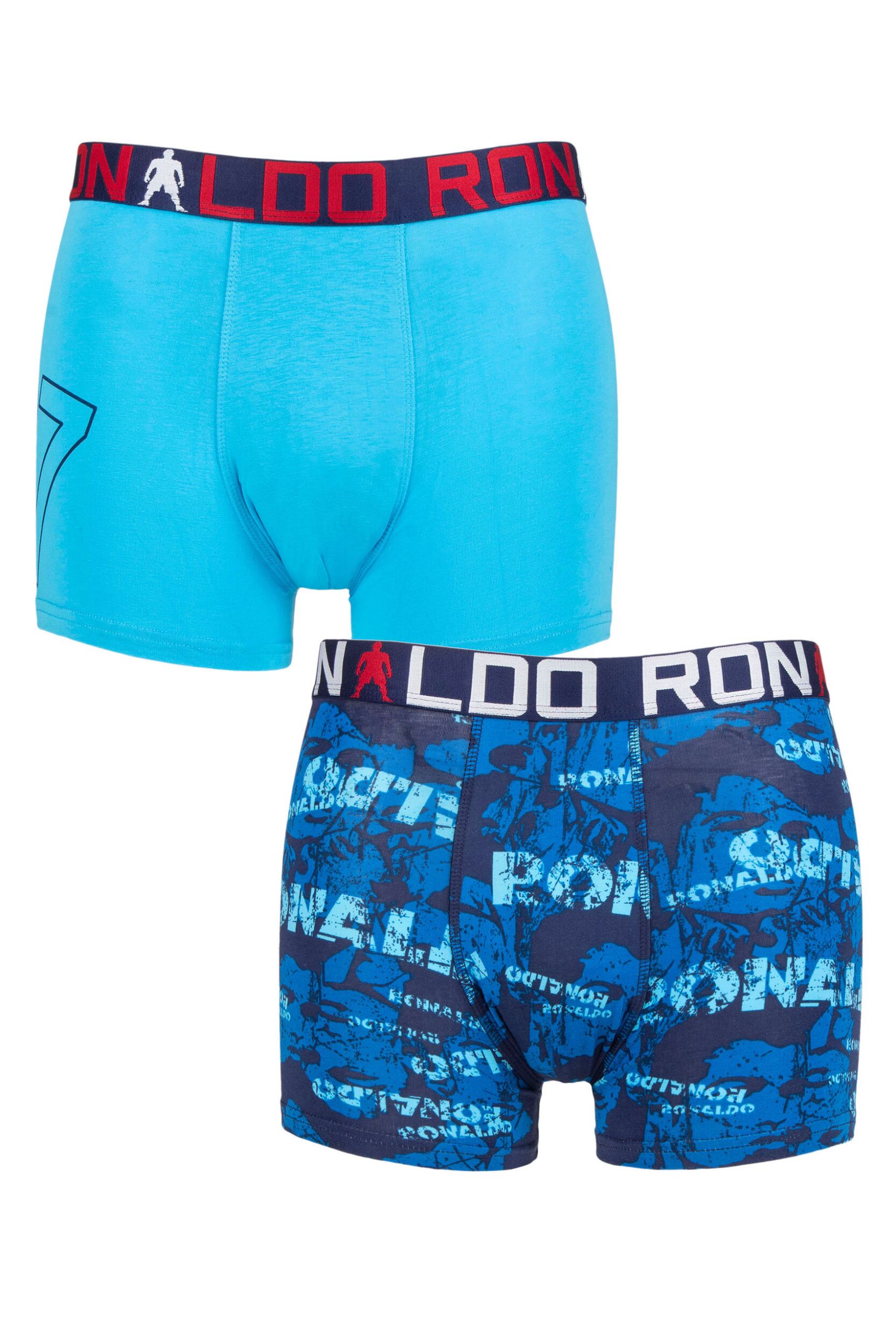 Boys 2 Pack CR7 Cotton Boxer Shorts Solid Aquarius/Print 13-15 Years