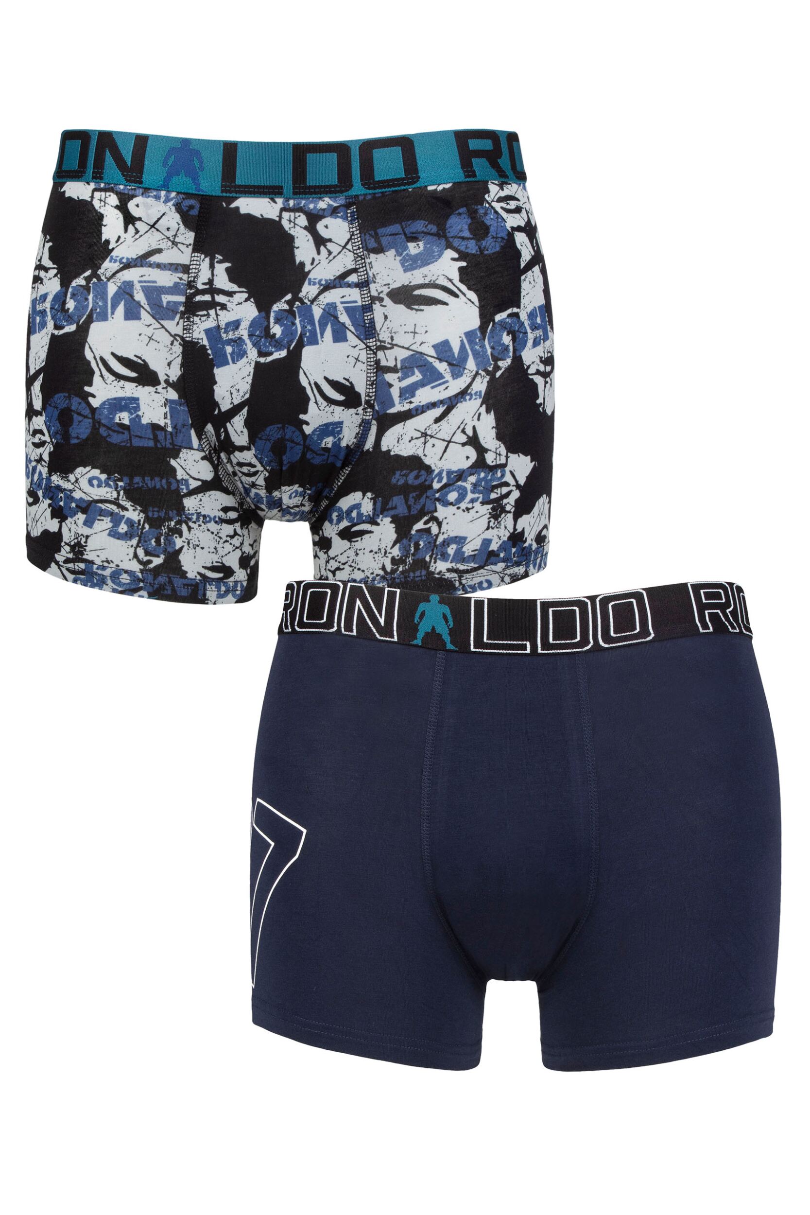 Boys 2 Pack CR7 Cotton Boxer Shorts Navy/Grey Print 13-15 Years