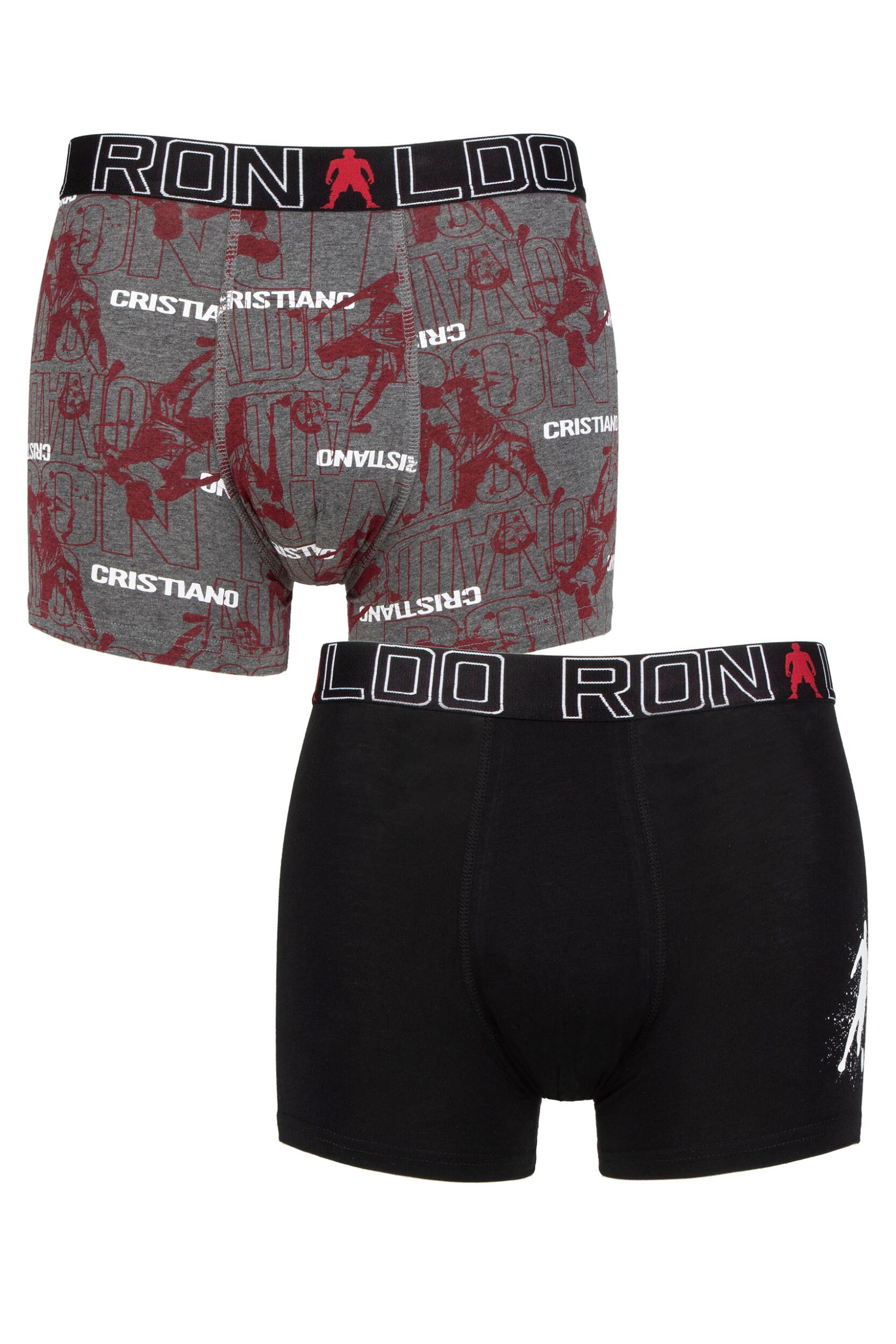 Boys 2 Pack CR7 Cotton Boxer Shorts Grey Print/Black 7-9 Years