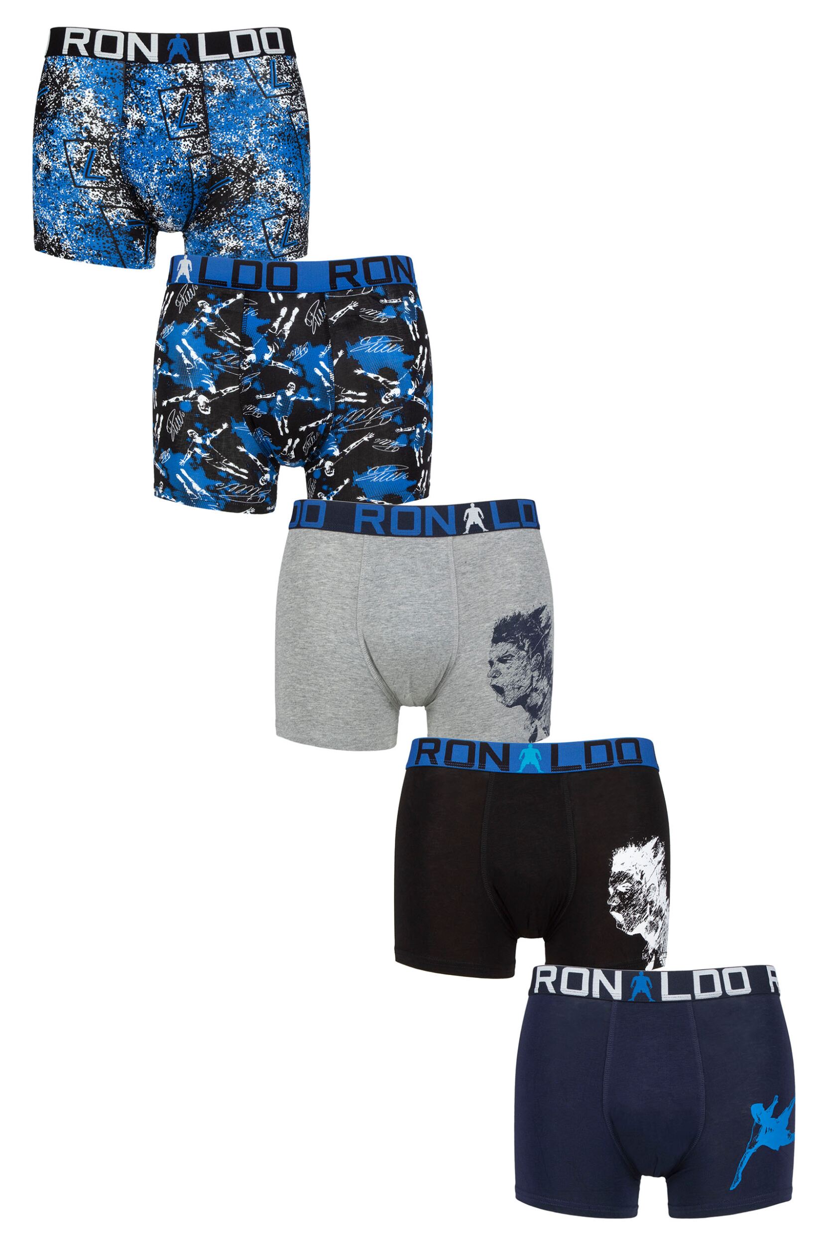 Boys 5 Pack CR7 Cotton Boxer Shorts Black/Navy/Grey/Blue Print 13-15 Years