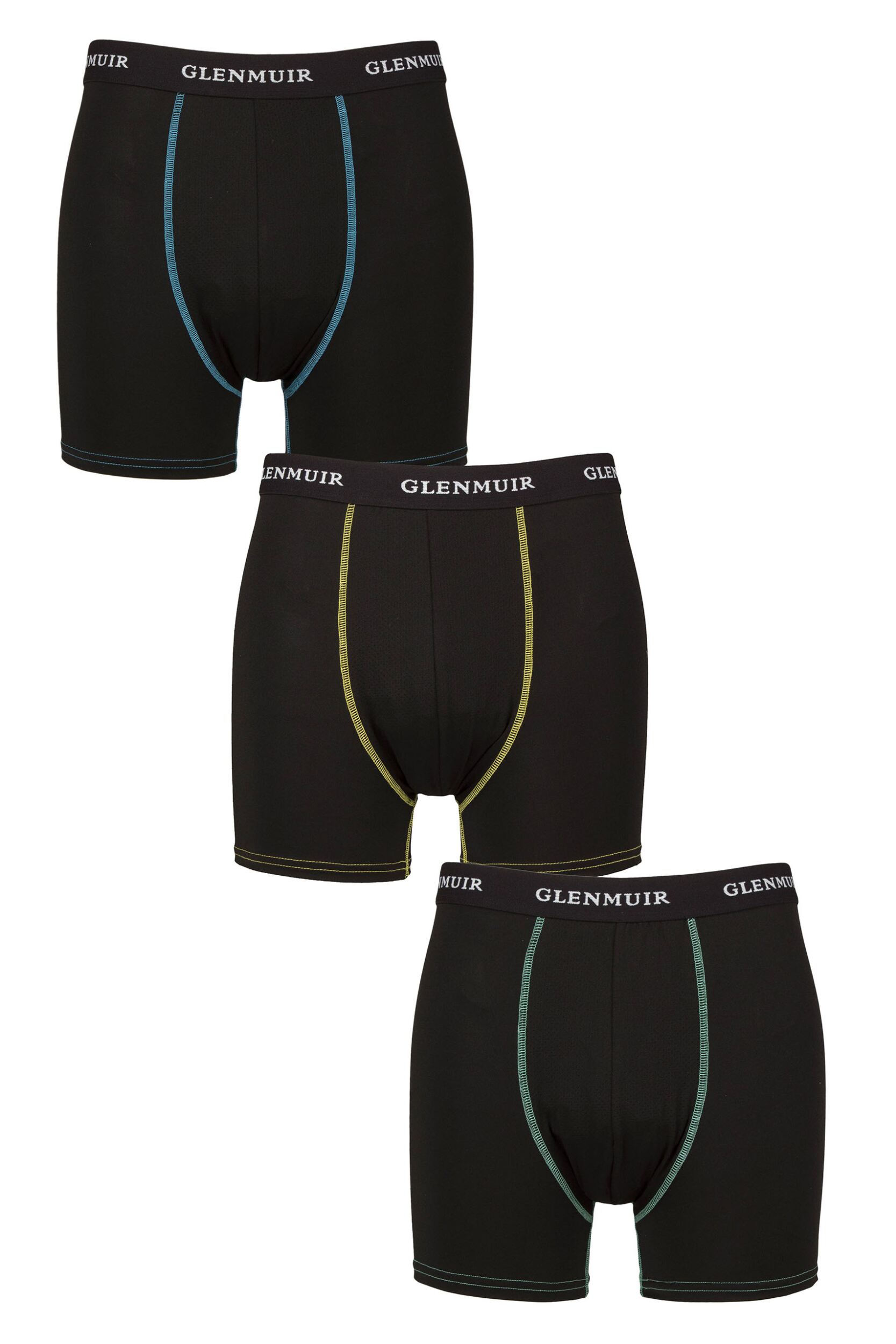 Image of Mens 3 Pack Glenmuir Sports Performance Trunks Black Blue / Orange / Teal M