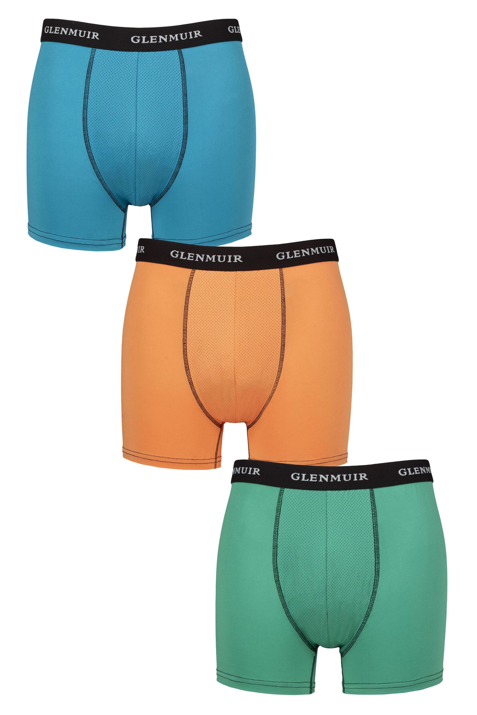 Mens 3 Pack Glenmuir Sports Performance Trunks Blue / Orange / Teal XL