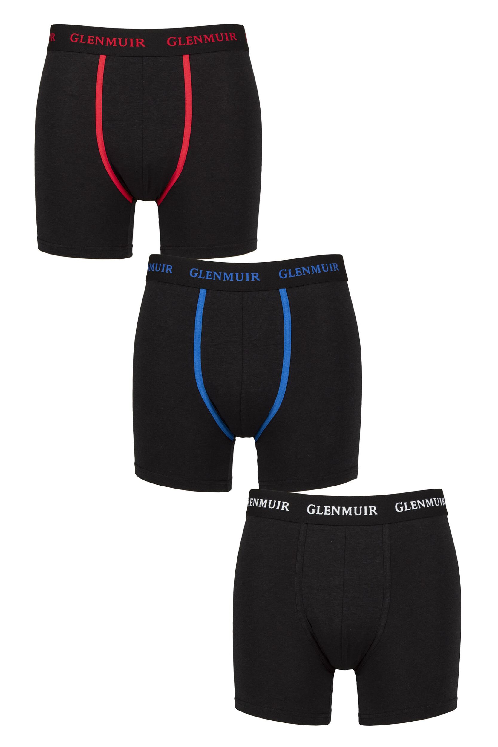 Image of Mens 3 Pack Glenmuir Cotton and Bamboo Blend Long Leg Trunks Black/ Red/White/Blue XL