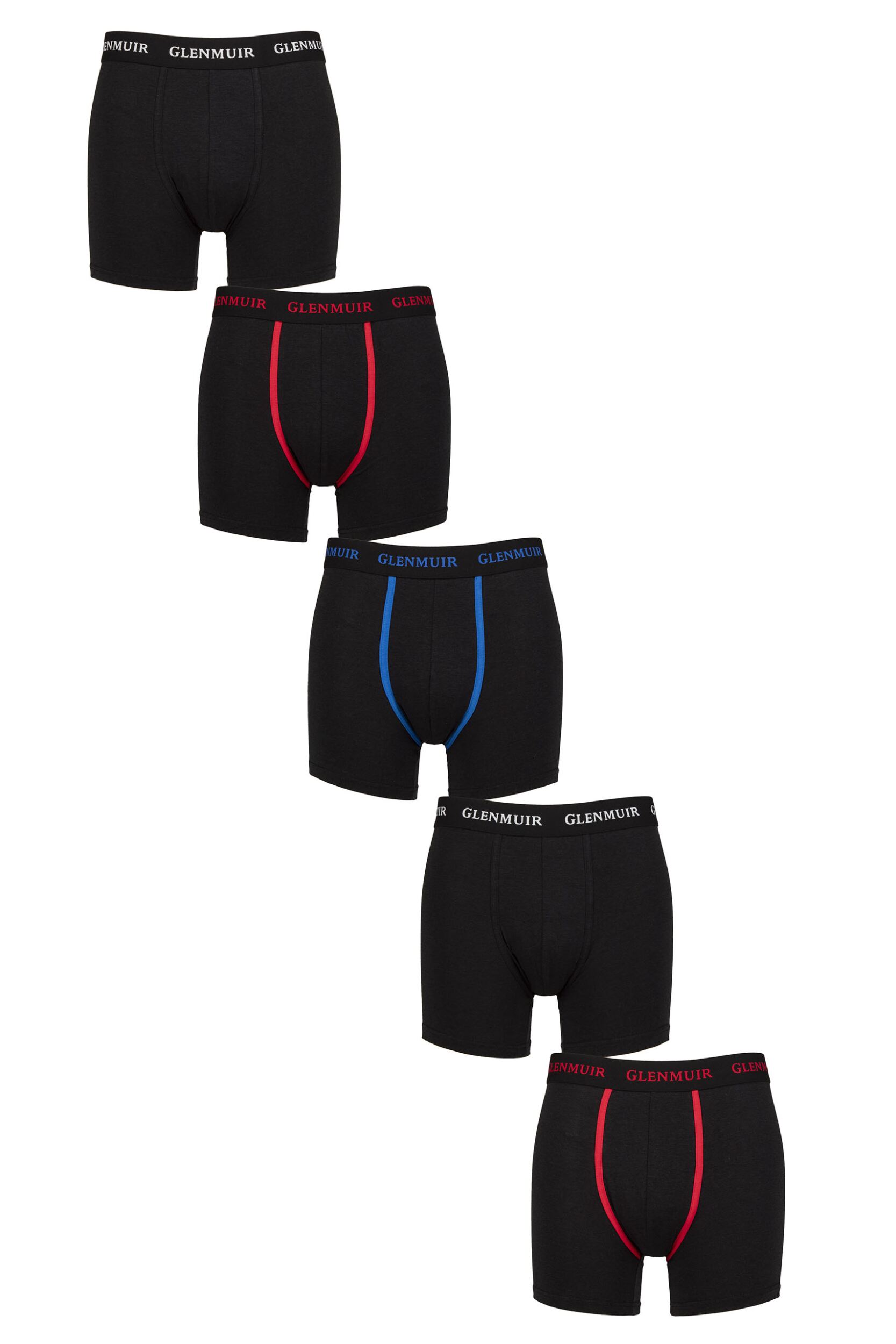 Mens 5 Pack Glenmuir Cotton and Bamboo Blend Boxers Black Red / White / Blue L