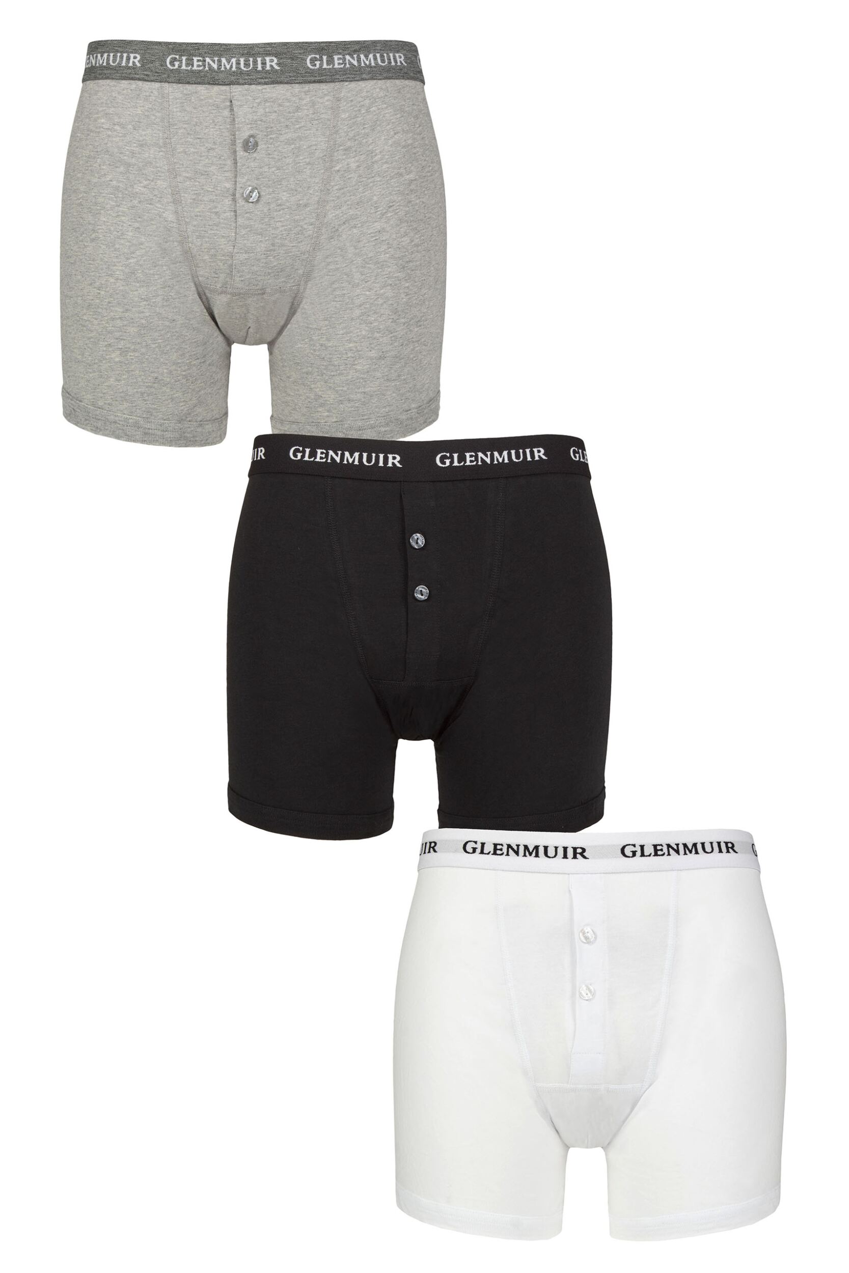 Mens 3 Pack Glenmuir William Button Front Cotton Boxer Shorts Assorted S