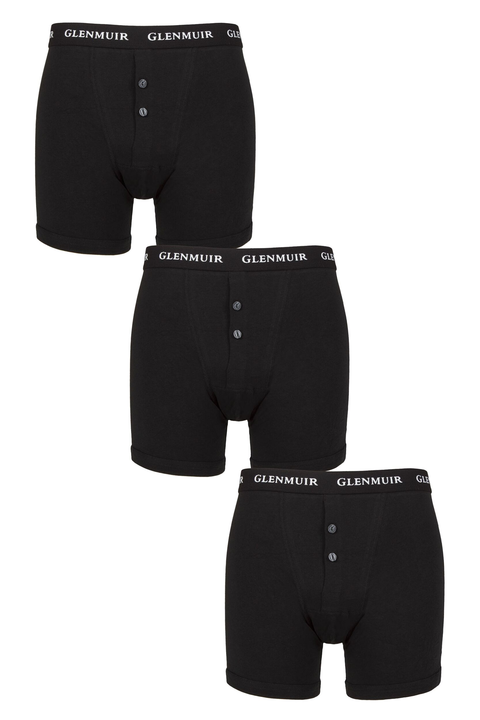 Mens 3 Pack Glenmuir William Button Front Cotton Boxer Shorts Black XXXXL