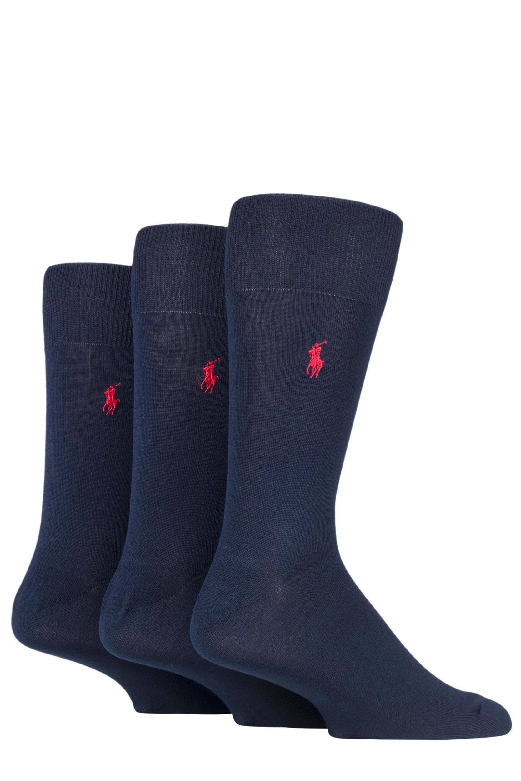 3 Pair Navy Mercerized Cotton Flat Knit Plain Socks Men's 9-12 Mens - Ralph Lauren