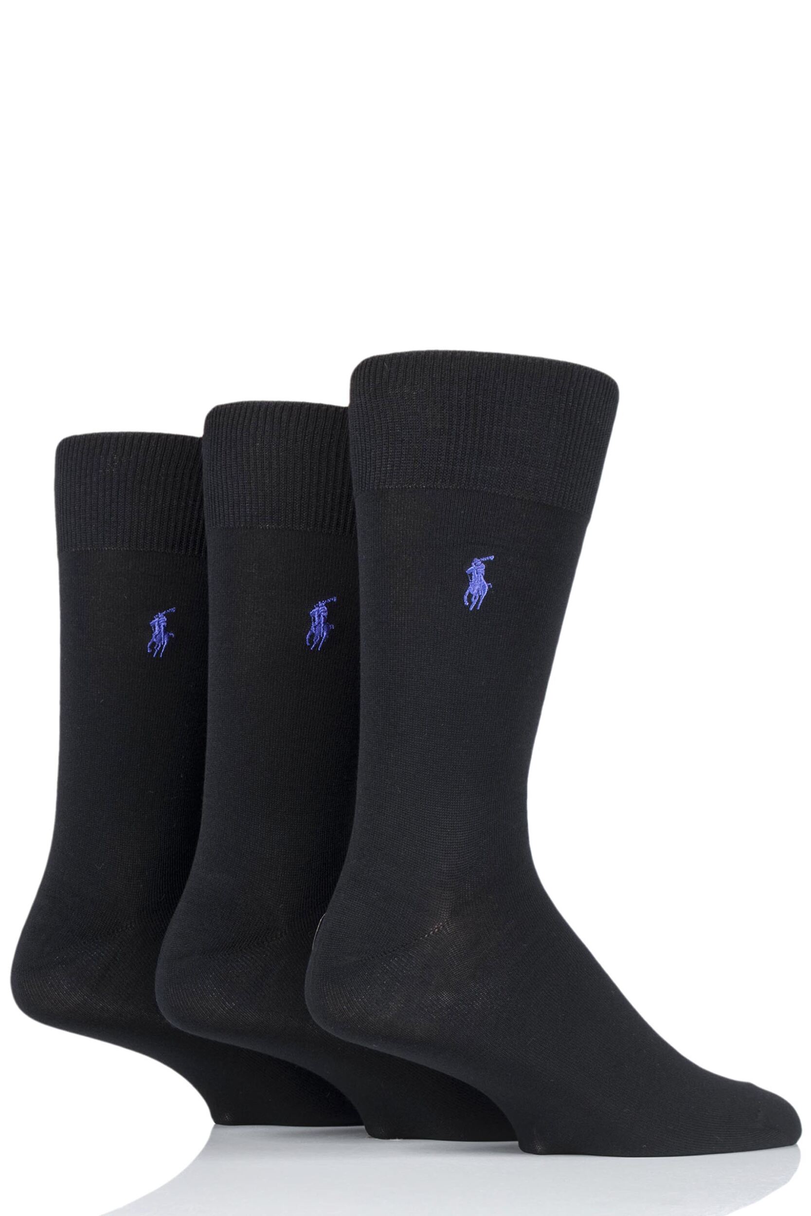 3 Pair Black Mercerized Cotton Flat Knit Plain Socks Men's 5-8 Mens - Ralph Lauren