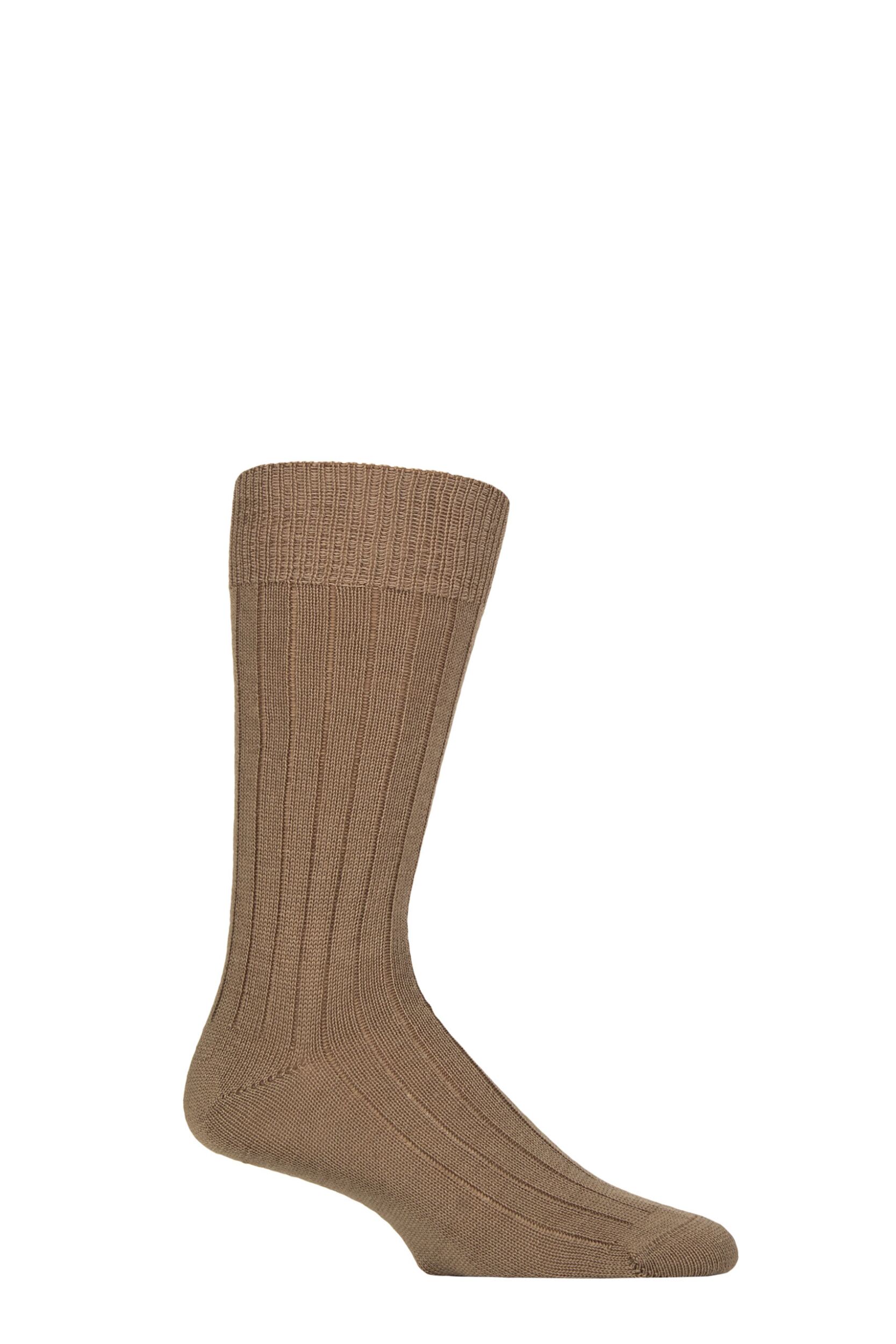 Image of Mens 1 Pair Pantherella Merino Wool Ribbed Leisure Socks Dark Camel L
