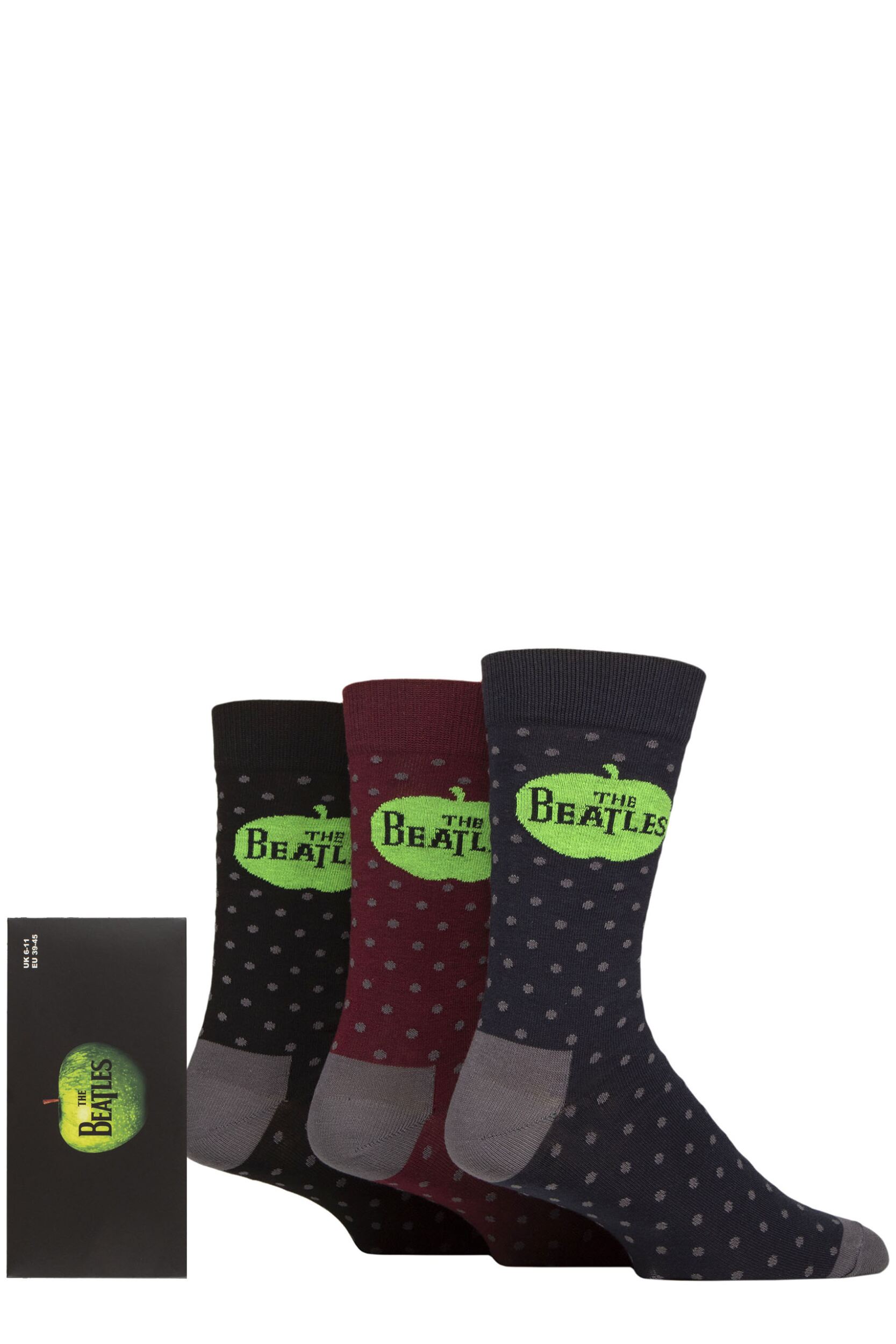SOCKSHOP Music Collection 3 Pair The Beatles Gift Boxed Cotton Socks Apple & Spots One Size