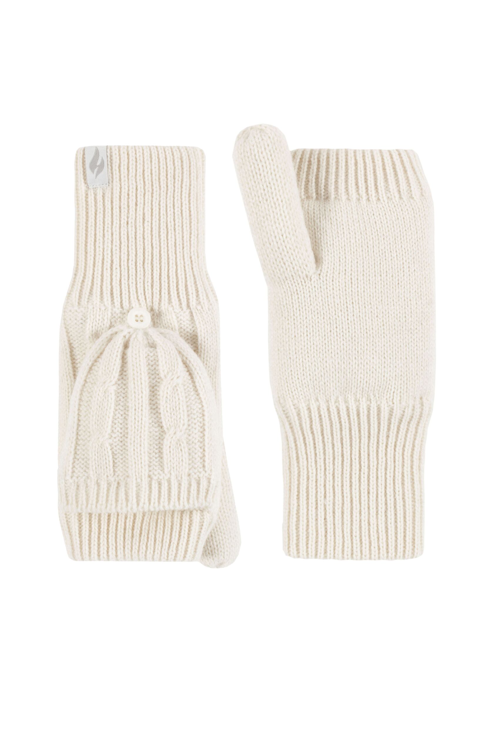 Women's 1 Pair SOCKSHOP Heat Holders Ash Cable Knit Converter Mittens Cream One Size
