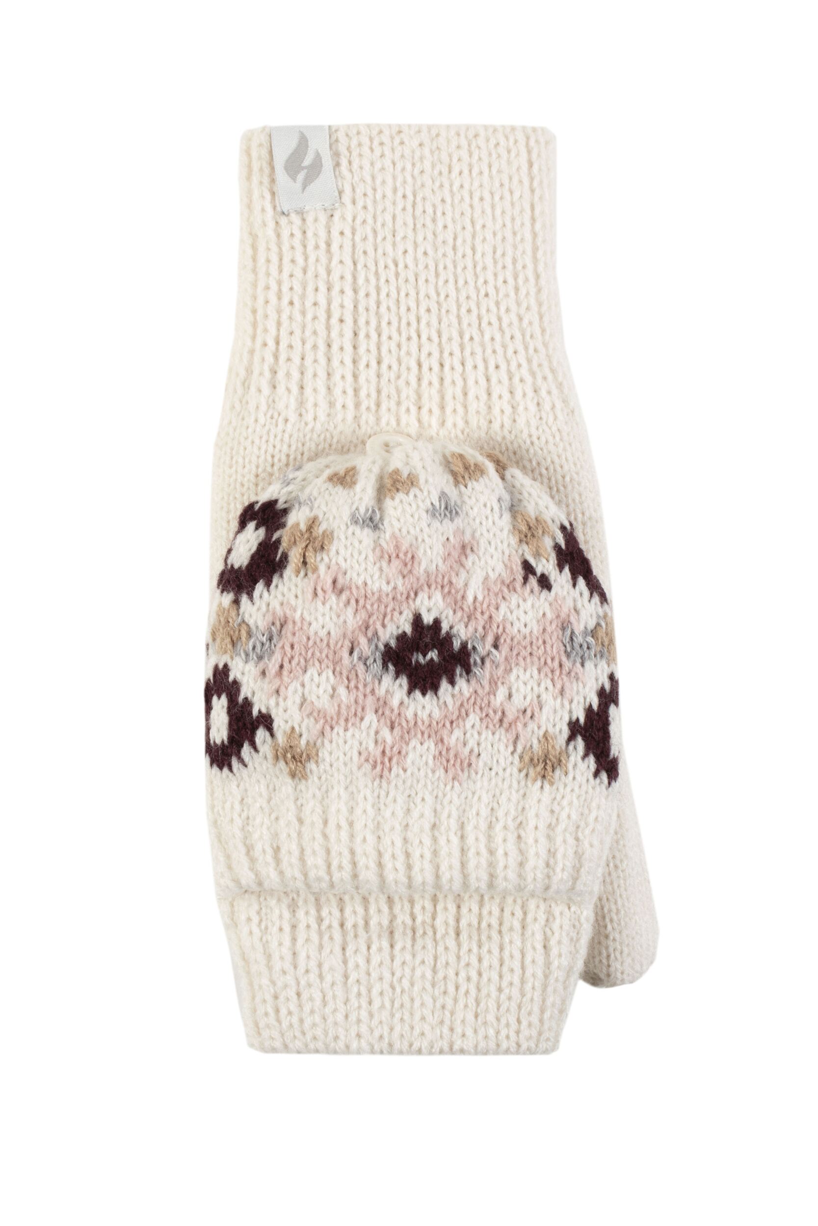Women's 1 Pack SOCKSHOP Heat Holders Heather Patterned Converter Mittens Cream One Size