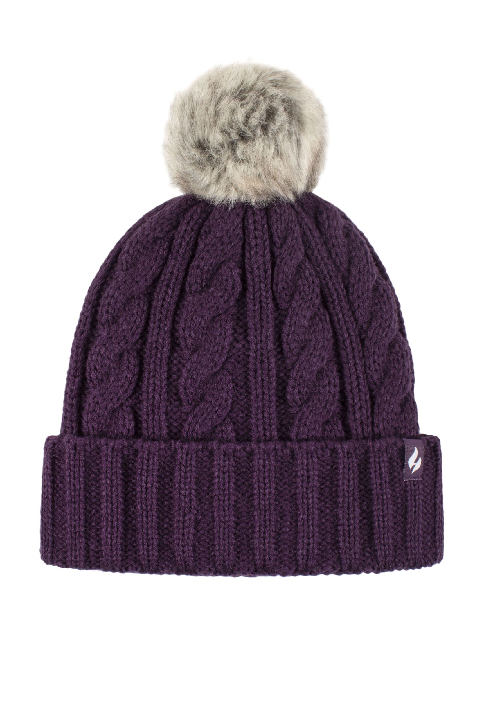 Image of 1 Pack Purple Heat Weaver Cable Knit Pom Pom Hat Ladies One Size - Heat Holders
