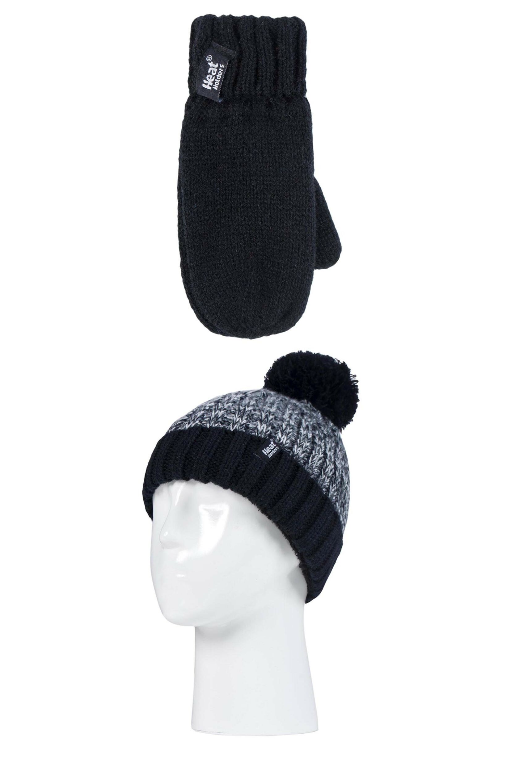 Kids 1 Pack SOCKSHOP Heat Holders Turn Over Pom Pom Hat & Mittens Black 3-6 Years