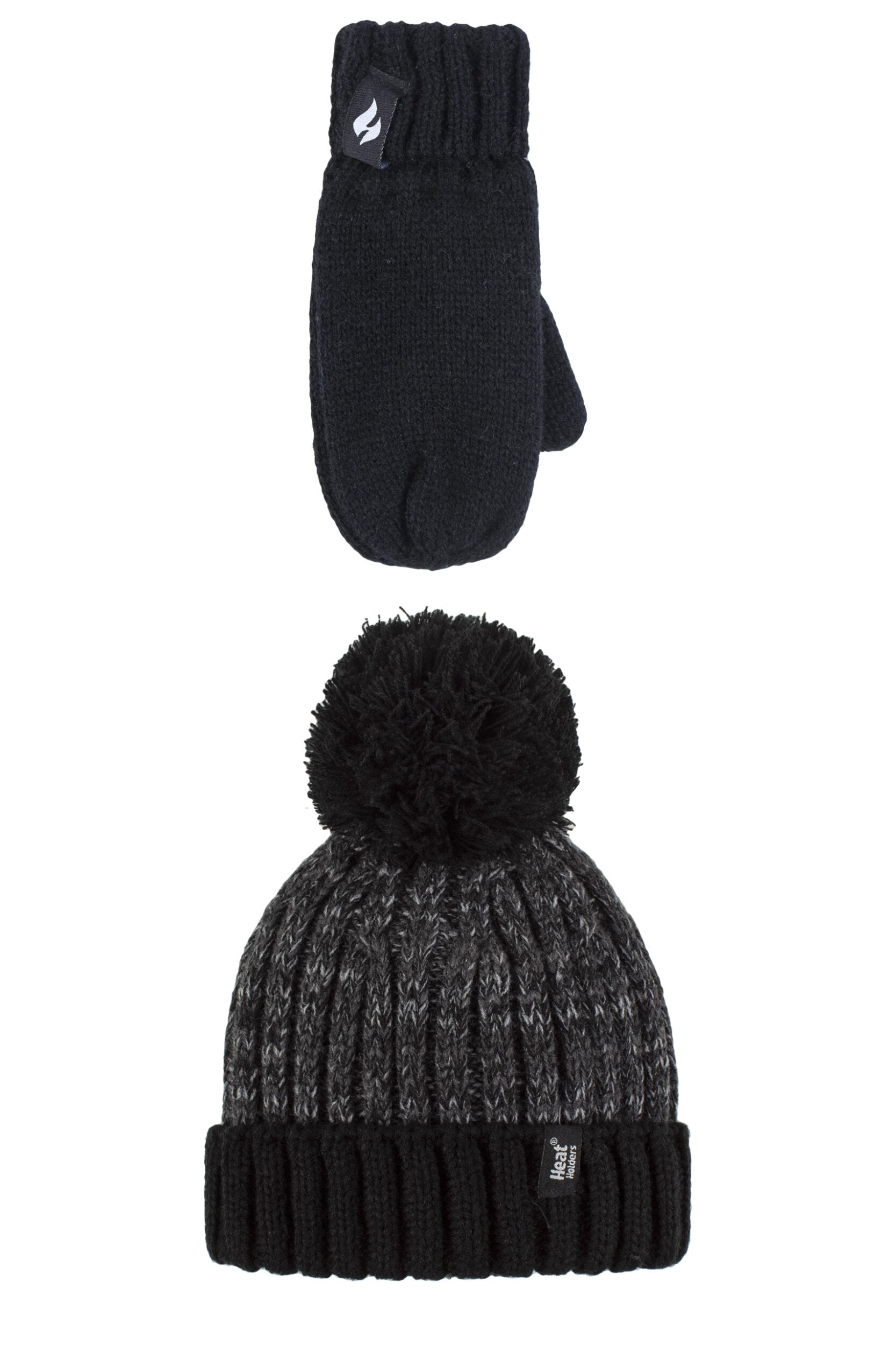 Kids 1 Pack SOCKSHOP Heat Holders Turn Over Pom Pom Hat & Mittens Black 3-6 Years