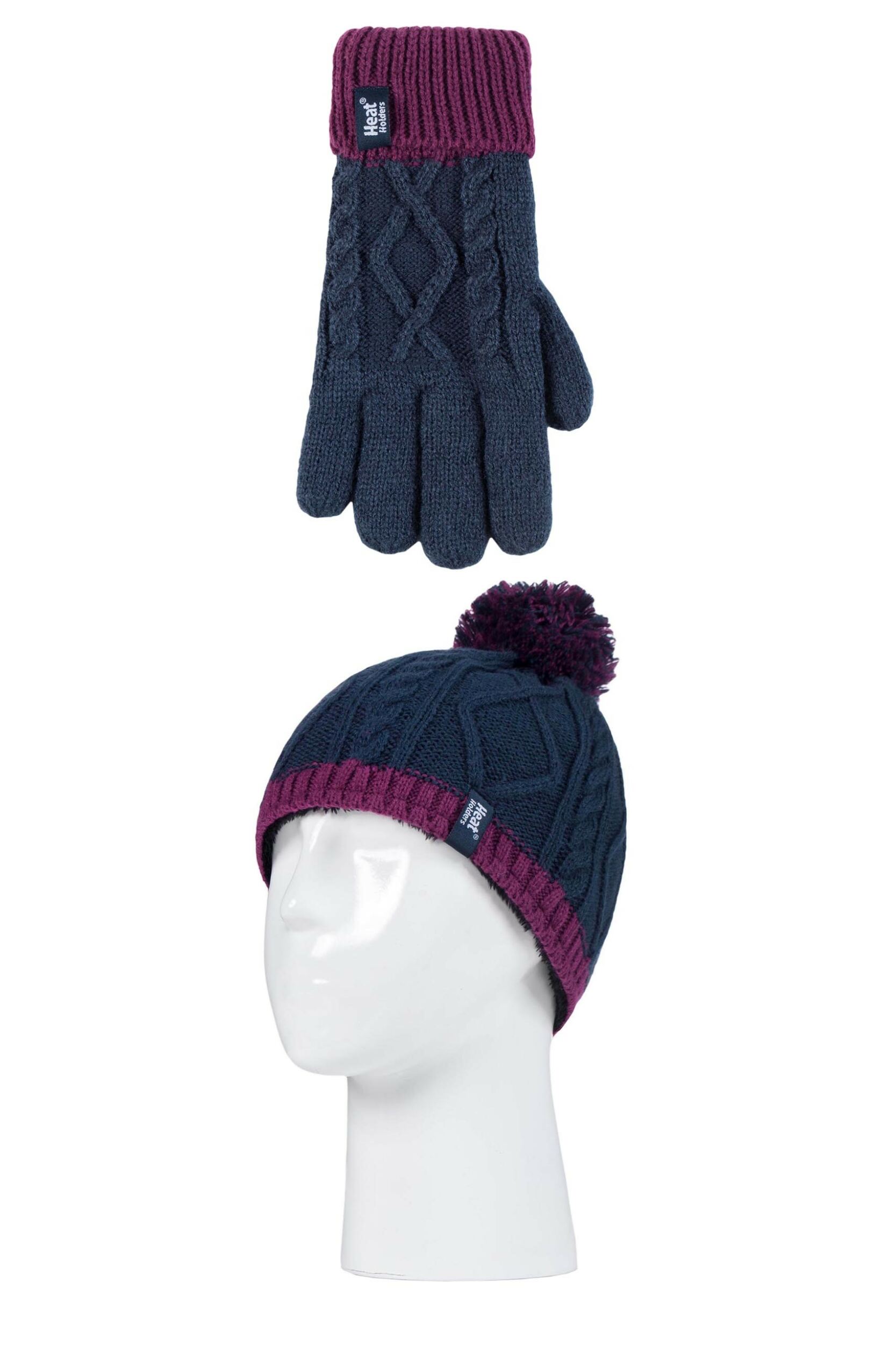 Kids 1 Pack SOCKSHOP Heat Holders Diamond Pom Pom Hat & Gloves Navy / Purple 11+ Years