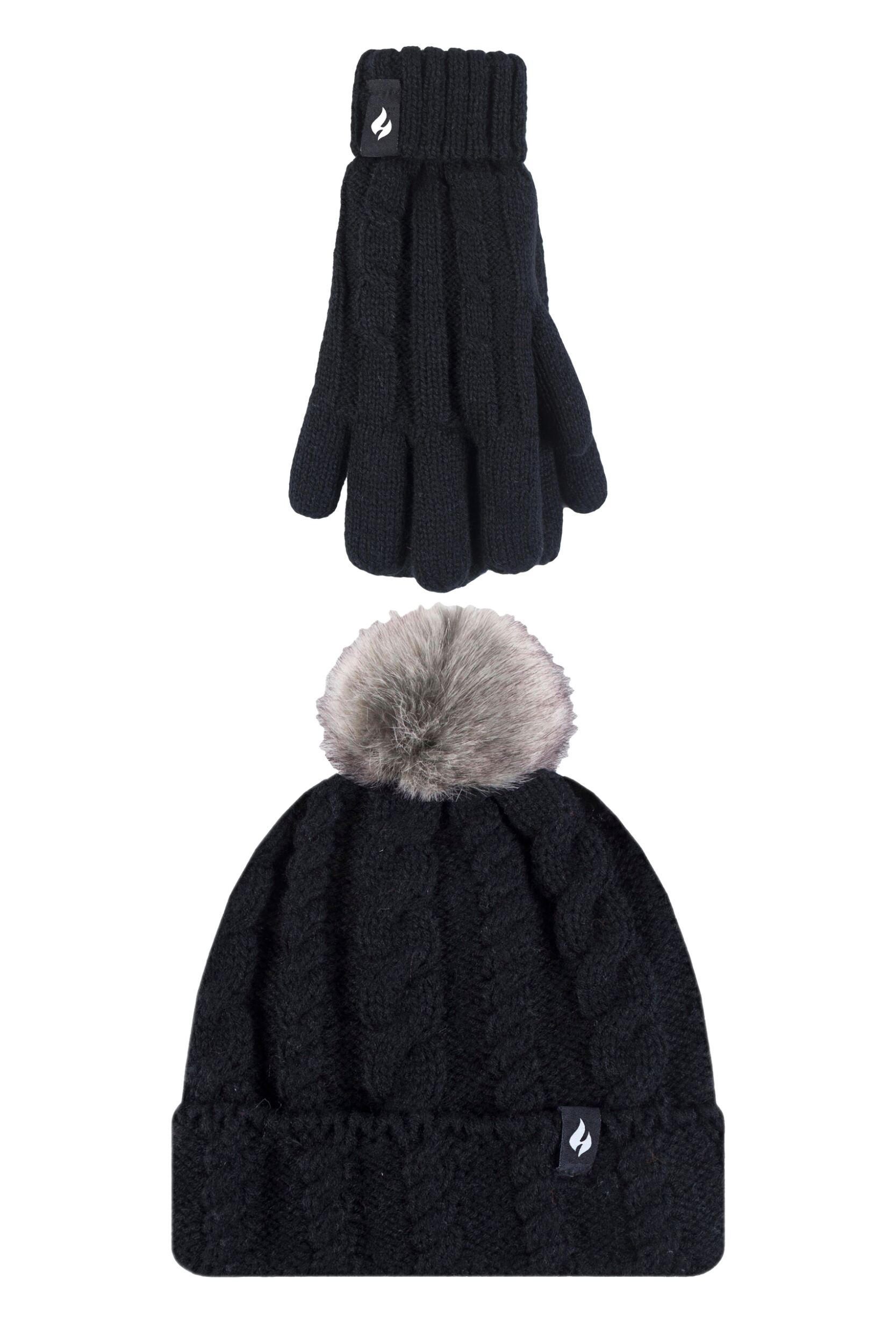Kids 1 Pack SOCKSHOP Heat Holders Cable Turn Over Pom Pom Hat & Gloves Black 11+ Years