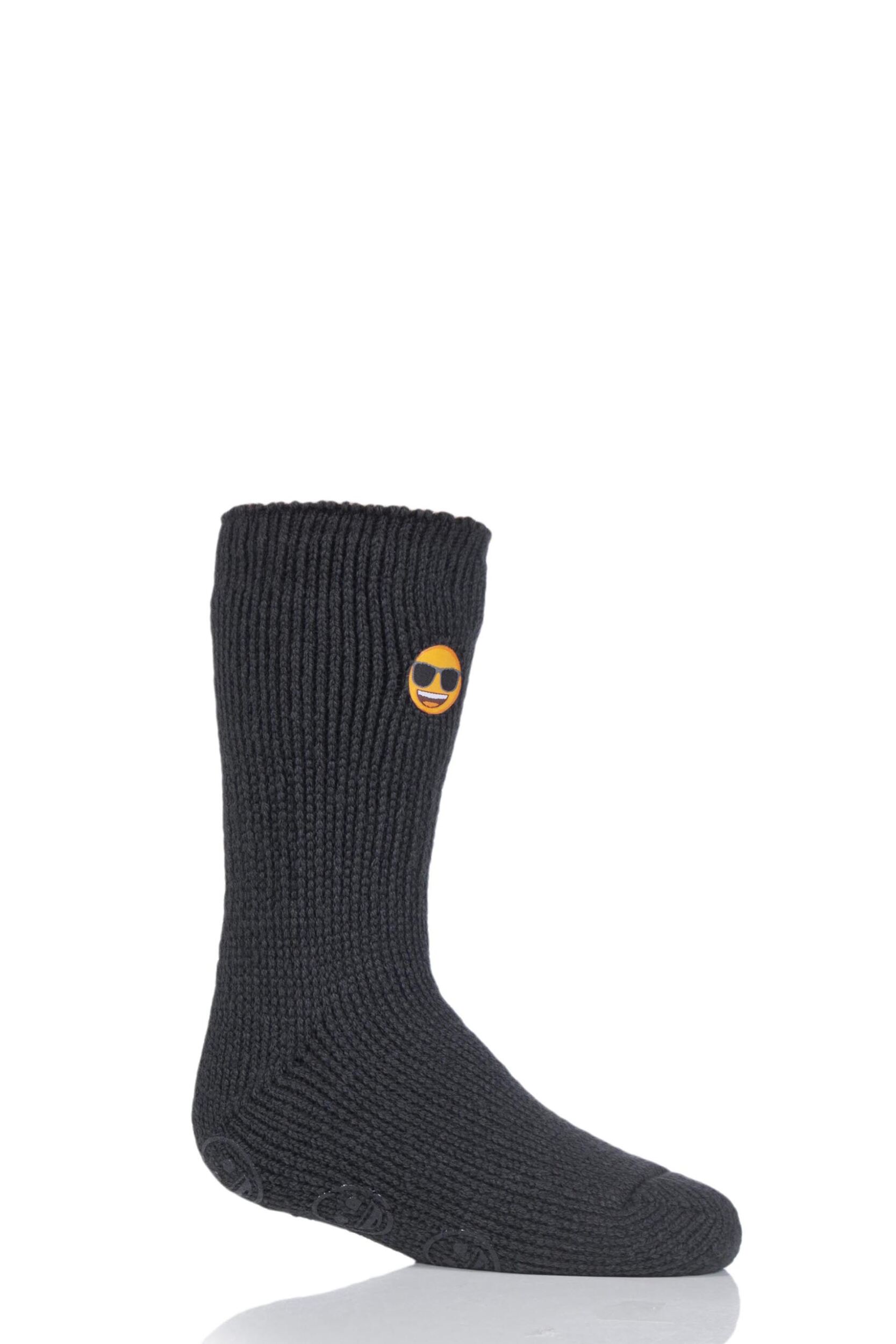 Image of 1 Pair Charcoal Emoji Sunglasses Face Slipper Socks Kids Unisex 12.5-3.5 Kids (8-12 Years) - Heat Holders