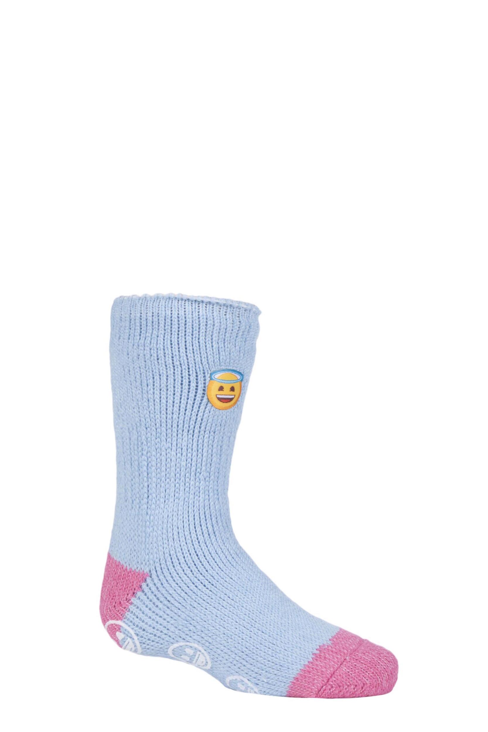 1 Pair Blue Emoji Angel Face Slipper Socks Kids Unisex 12.5-3.5 Kids (8-12 Years) - Heat Holders