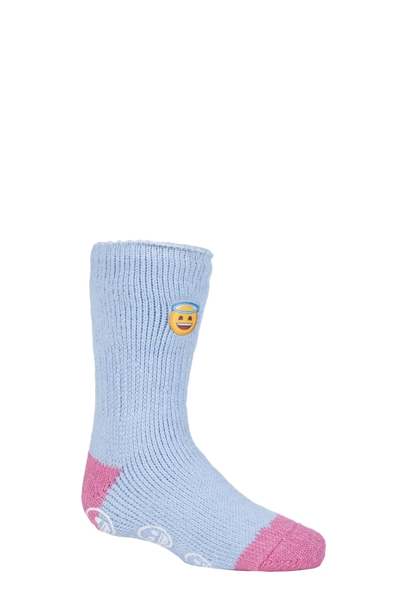 1 Pair Blue Emoji Angel Face Slipper Socks Kids Unisex 9-12 Kids (4-7 Years) - Heat Holders