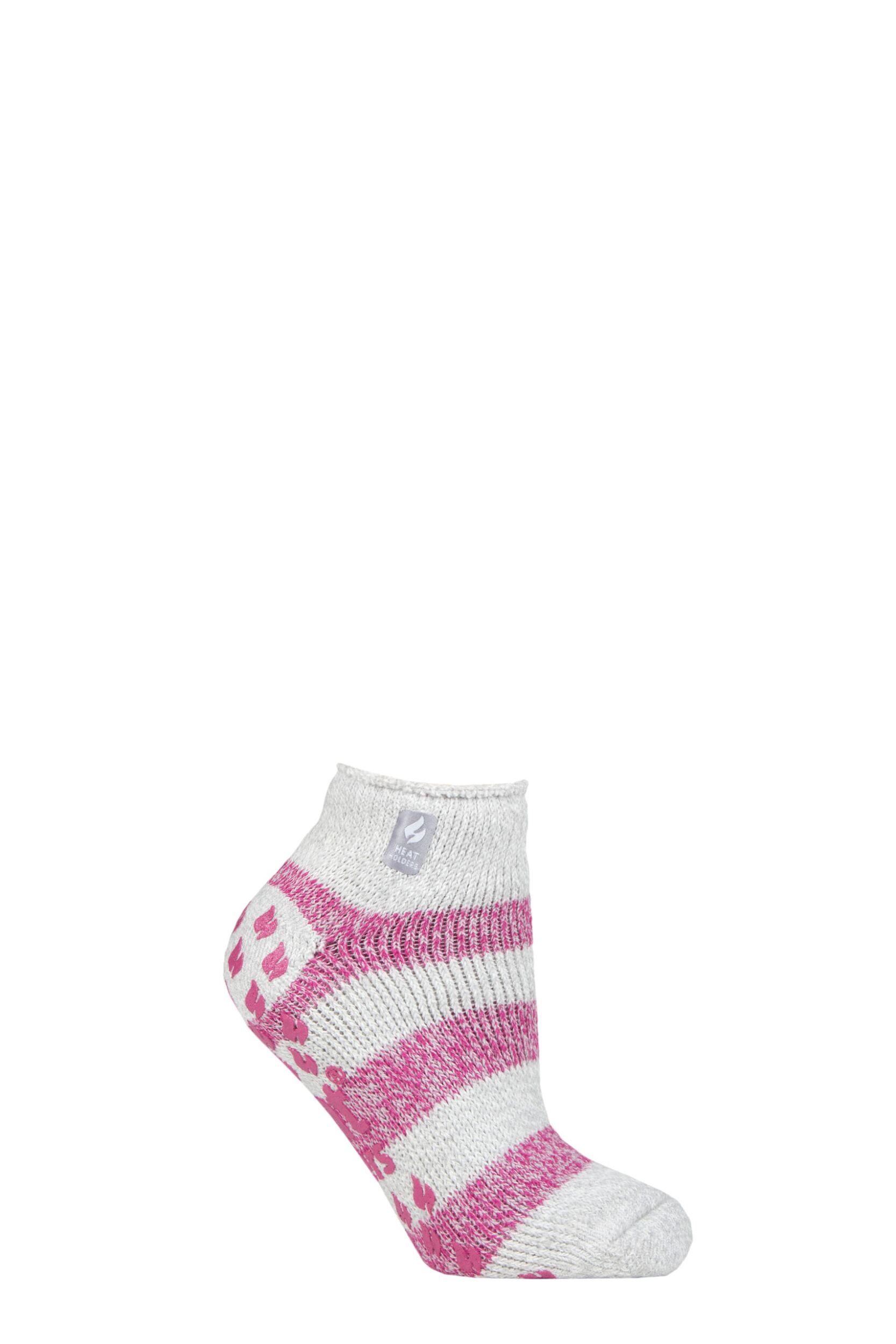 Women's 1 Pair SOCKSHOP Heat Holders 2.3 TOG Patterned and Striped Ankle Slipper Socks Valencia Light Grey / Berry 4-8 Ladies