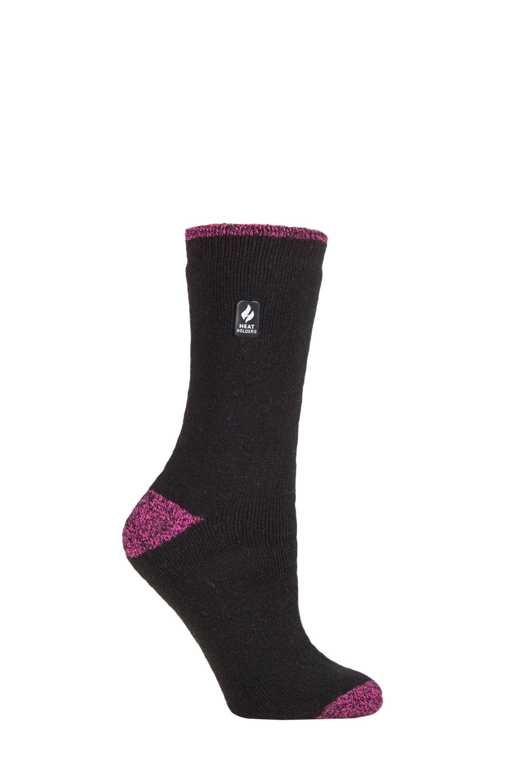 Women's 1 Pair SOCKSHOP Heat Holders 2.3 TOG Patterned Thermal Socks Prague Heel & Toe Black / Berry 4-8 Ladies