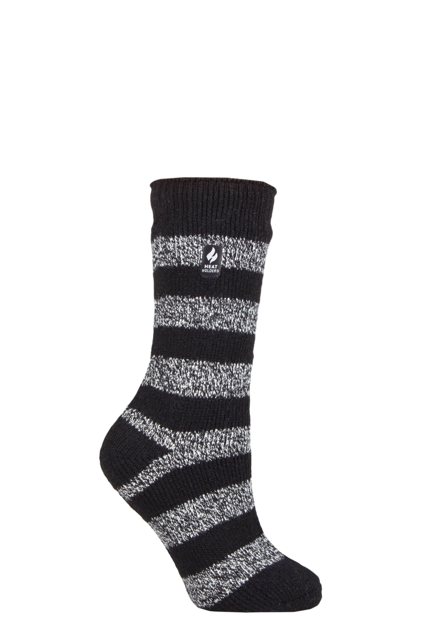Women's 1 Pair SOCKSHOP Heat Holders 2.3 TOG Patterned Thermal Socks Tuscany Chunky Stripe Black / White 4-8 Ladies