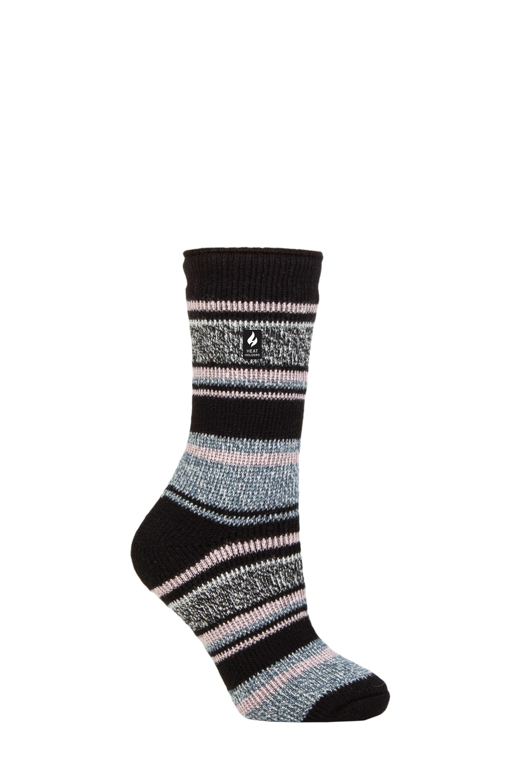 Women's 1 Pair SOCKSHOP Heat Holders 2.3 TOG Patterned Thermal Socks Calanda Multi Stripe Black / Dusted Pink 4-8