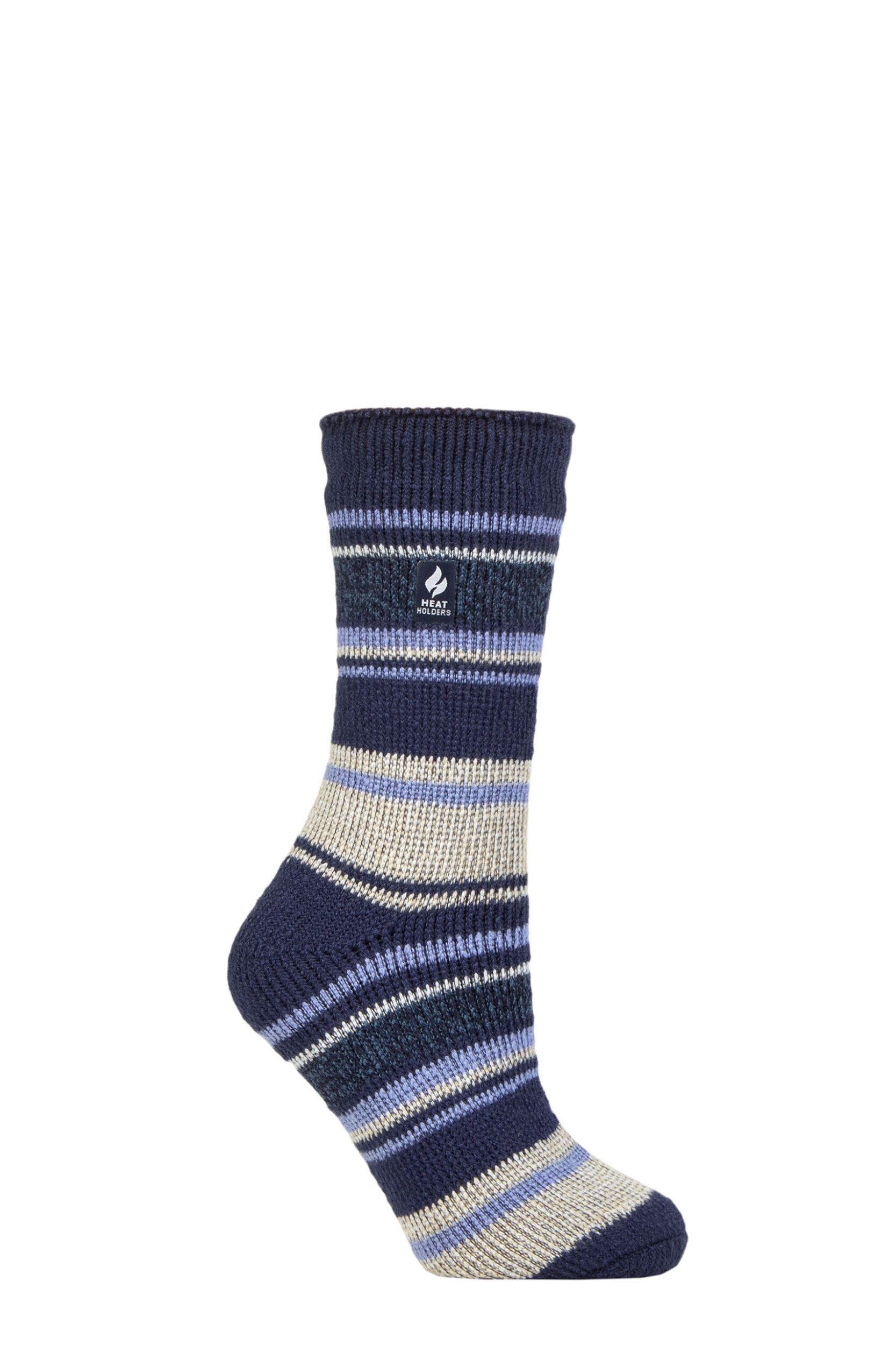 Women's 1 Pair SOCKSHOP Heat Holders 2.3 TOG Patterned Thermal Socks Calanda Multi Stripe Twilight Blue 4-8