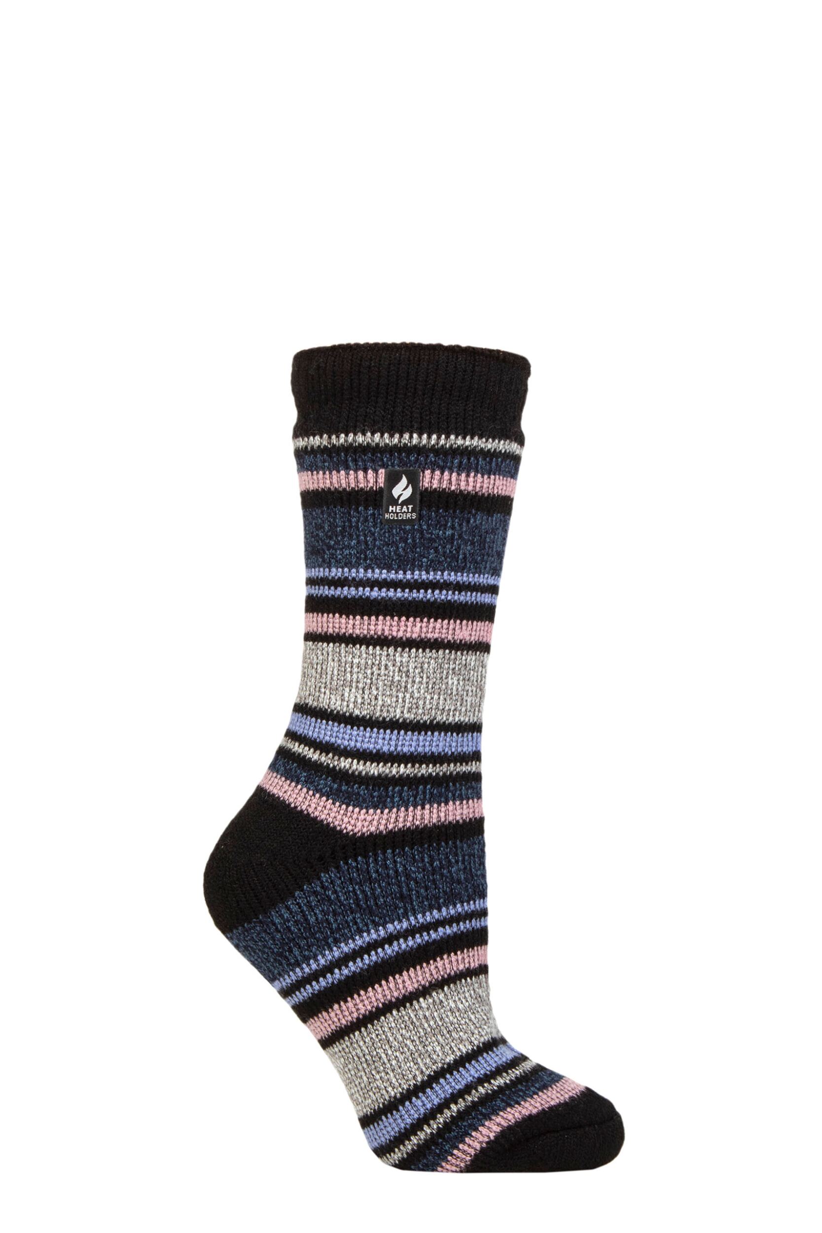 Women's 1 Pair SOCKSHOP Heat Holders 2.3 TOG Patterned Thermal Socks Geneva Multi Stripe Black Denim 4-8