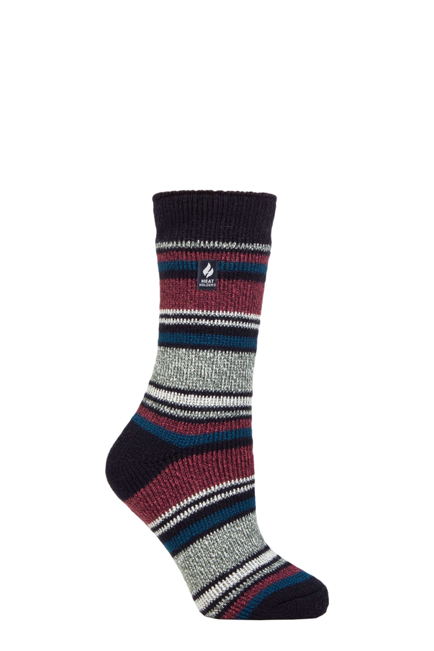 Women's 1 Pair SOCKSHOP Heat Holders 2.3 TOG Patterned Thermal Socks Geneva Multi Stripe Navy Cabernet 4-8