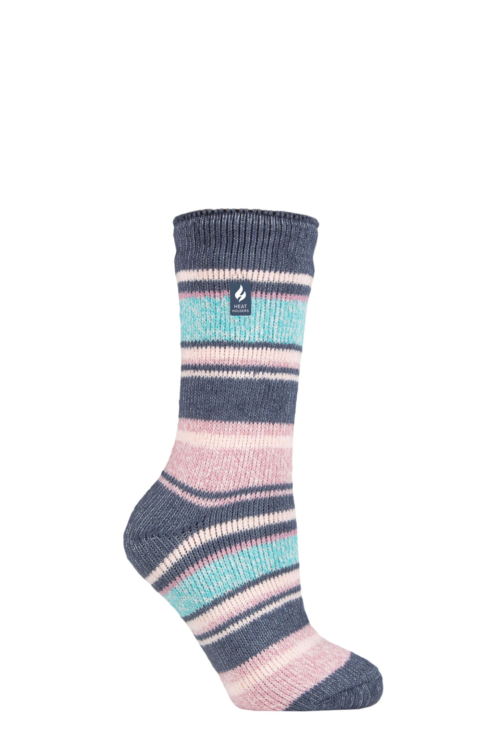Image of Women's 1 Pair SOCKSHOP Heat Holders 2.3 TOG Patterned Thermal Socks Palma Multi Stripe Denim 4-8 Ladies