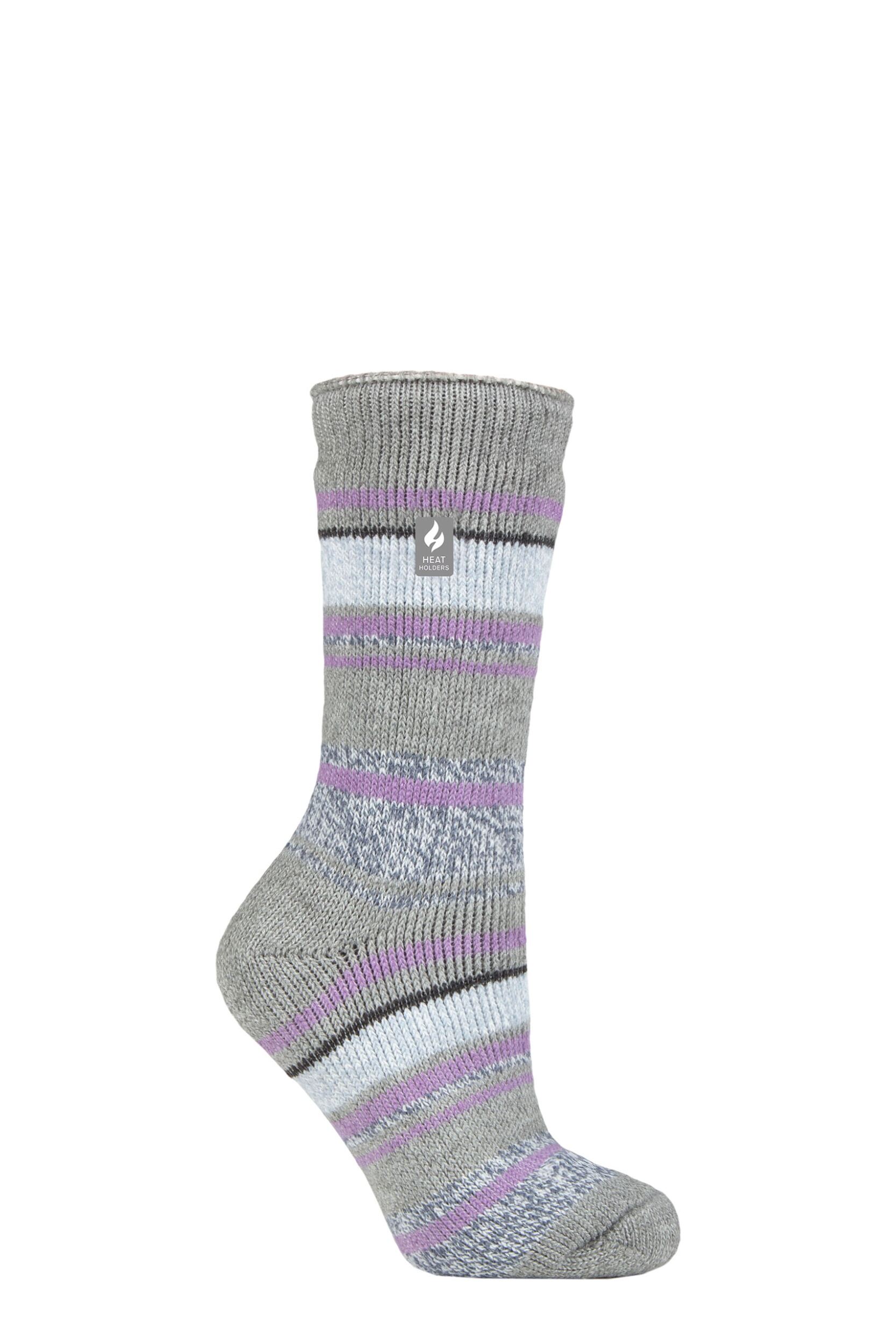 Women's 1 Pair SOCKSHOP Heat Holders 2.3 TOG Patterned Thermal Socks Palma Multi Stripe Grey 4-8 Ladies