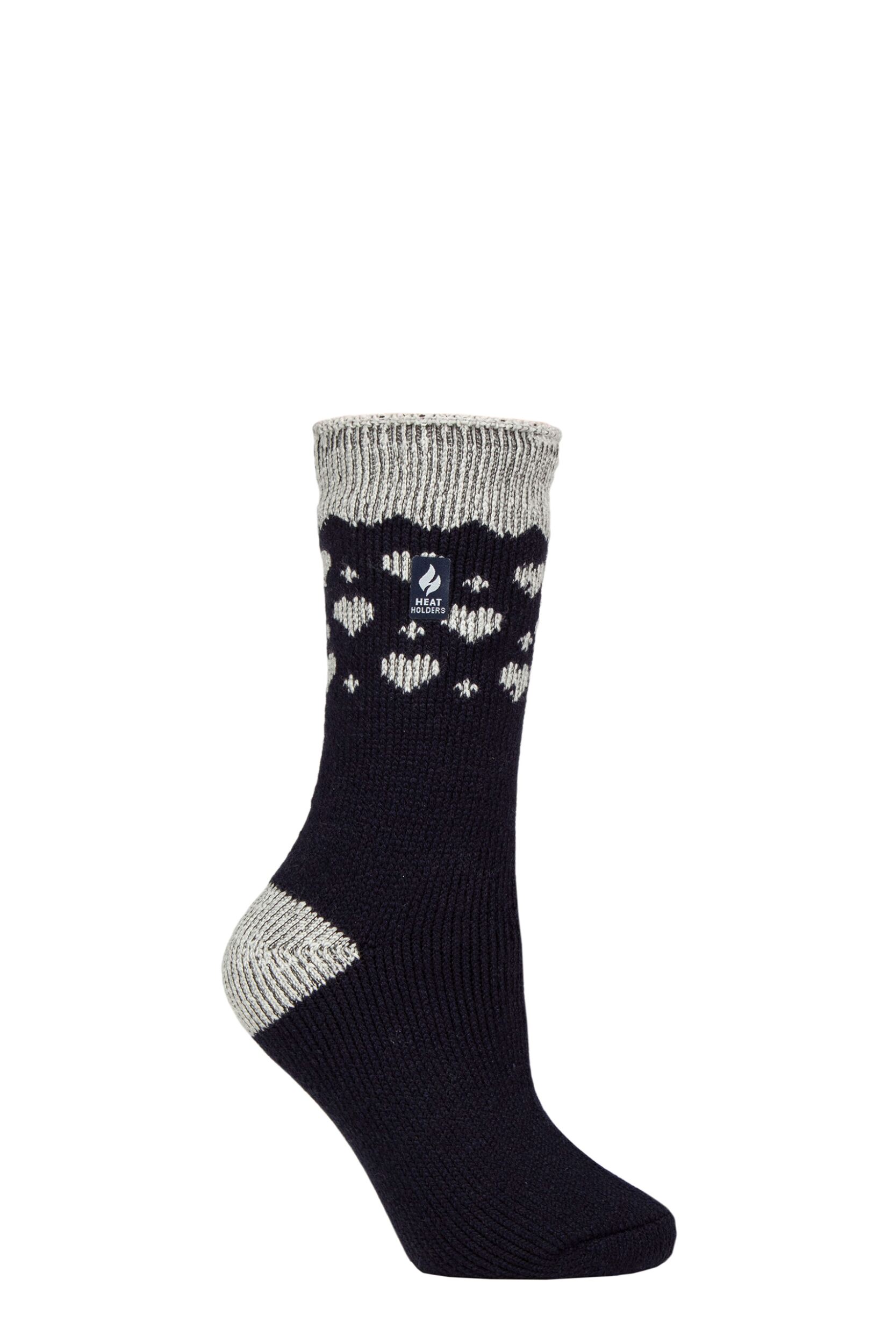 Women's 1 Pair SOCKSHOP Heat Holders 2.3 TOG Patterned Thermal Socks Hearts Navy 4-8