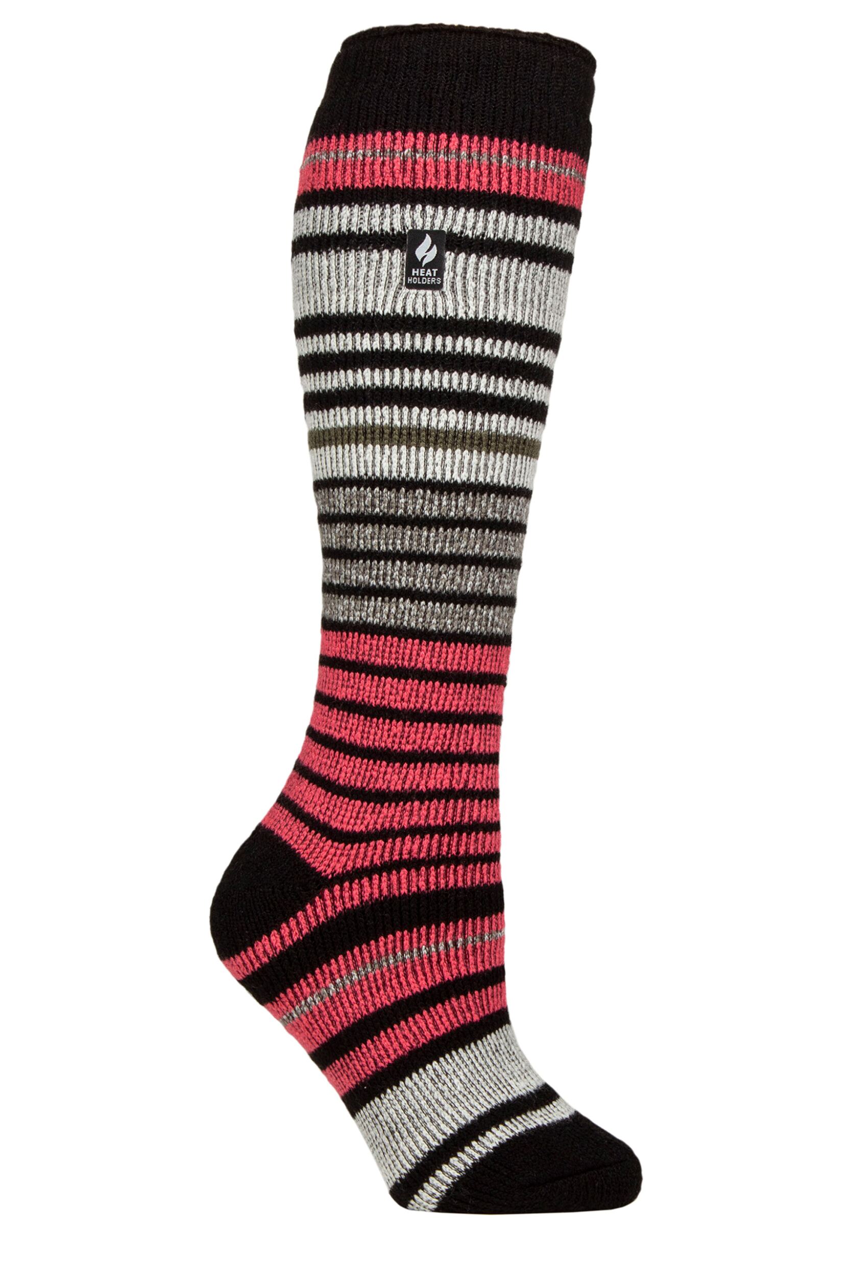 Women's 1 Pair SOCKSHOP Heat Holders 2.3 TOG Thermal Ski Socks Black / Coral Pink 4-8