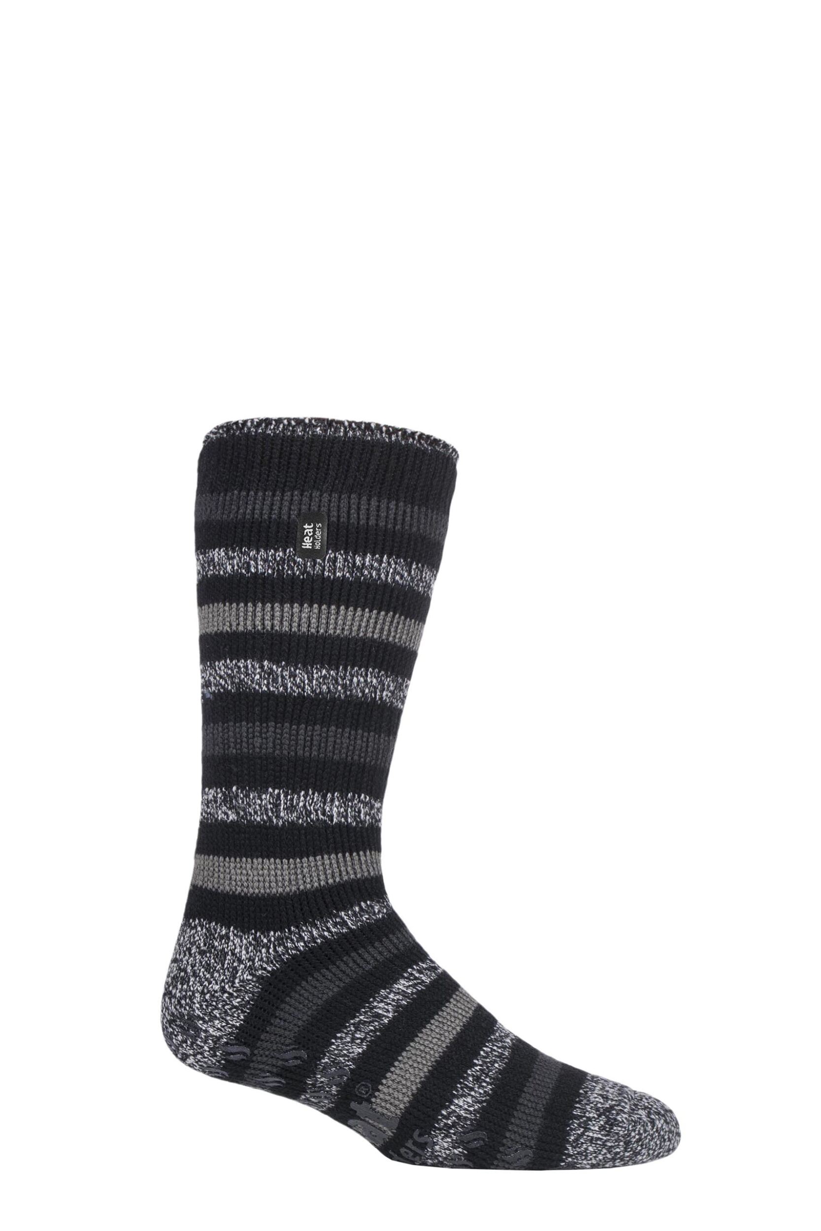 Mens 1 Pair SOCKSHOP Heat Holders 2.3 TOG Plain and Patterned Slipper Socks Stripe Black / Charcoal 6-11 Mens