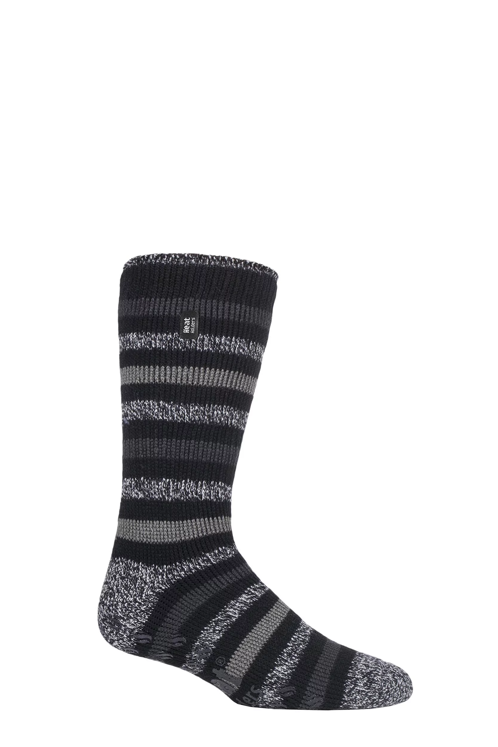 Mens 1 Pair SOCKSHOP Heat Holders 2.3 TOG Plain and Patterned Slipper Socks Stripe Black / Charcoal 6-11 Mens