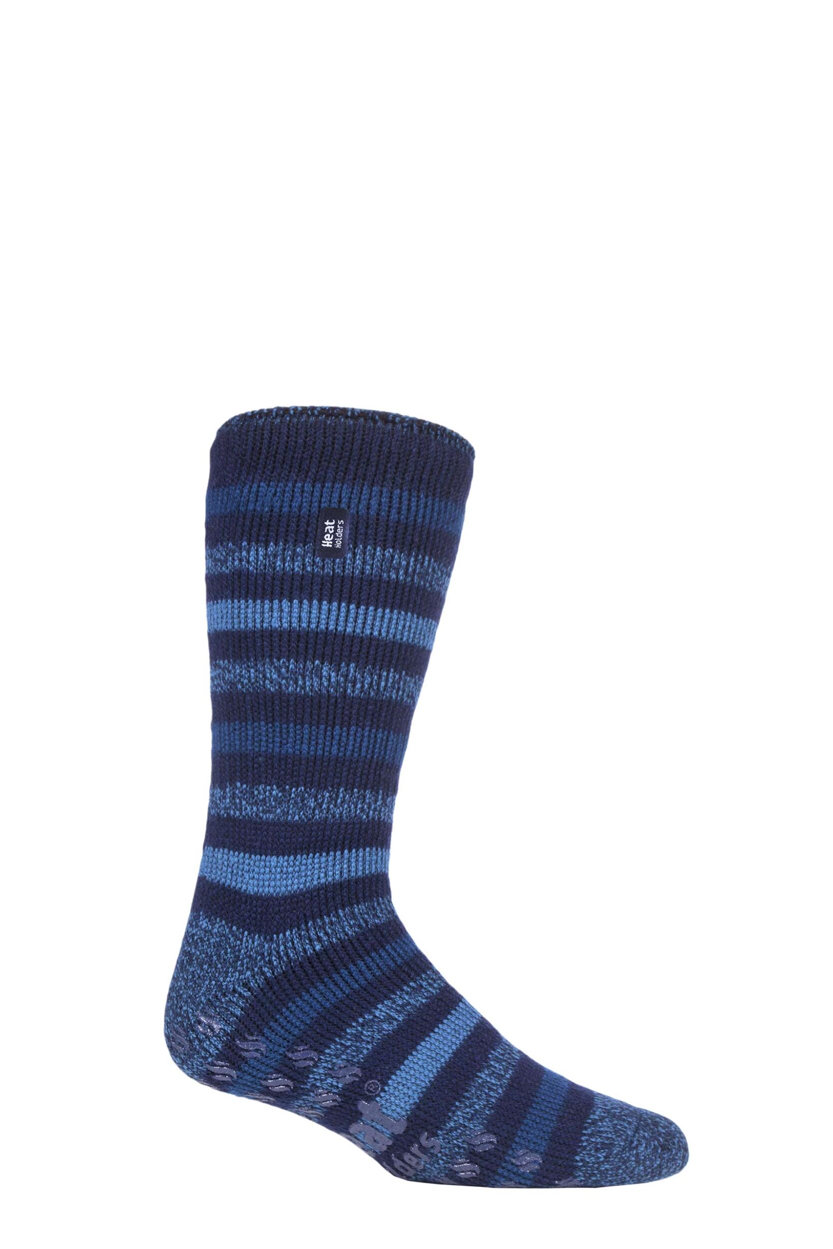 Mens 1 Pair SOCKSHOP Heat Holders 2.3 TOG Plain and Patterned Slipper Socks Stripe Navy / Denim 6-11 Mens