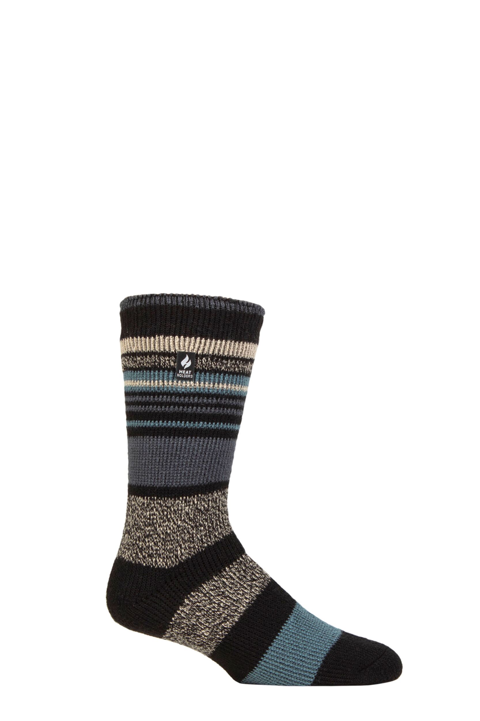 Image of Mens 1 Pair SOCKSHOP Heat Holders 2.3 TOG Patterned and Plain Thermal Socks Galway Multi Stripe Black / Marine 6-11