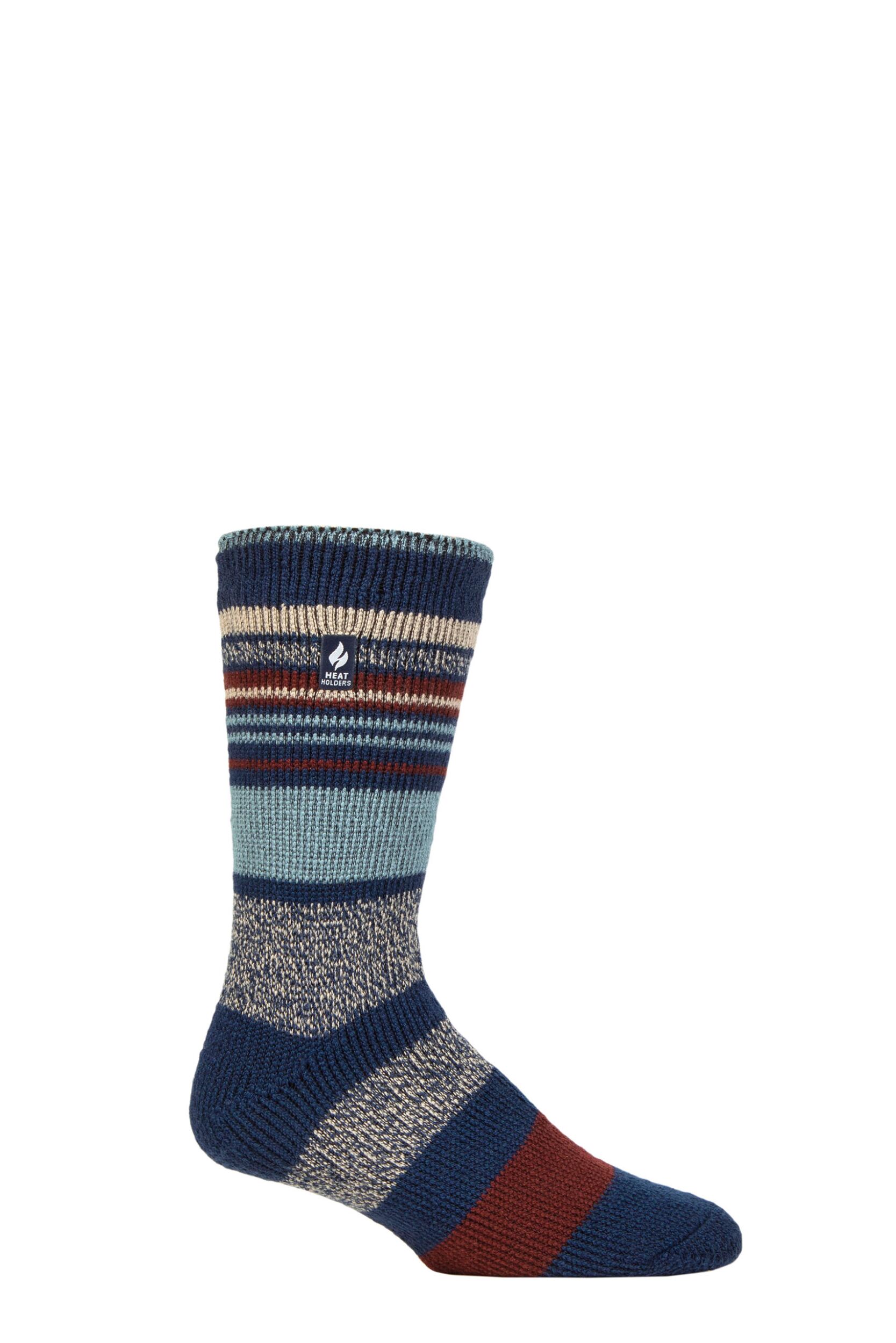 Mens 1 Pair SOCKSHOP Heat Holders 2.3 TOG Patterned and Plain Thermal Socks Galway Multi Stripe Indigo / Merlot 6-11