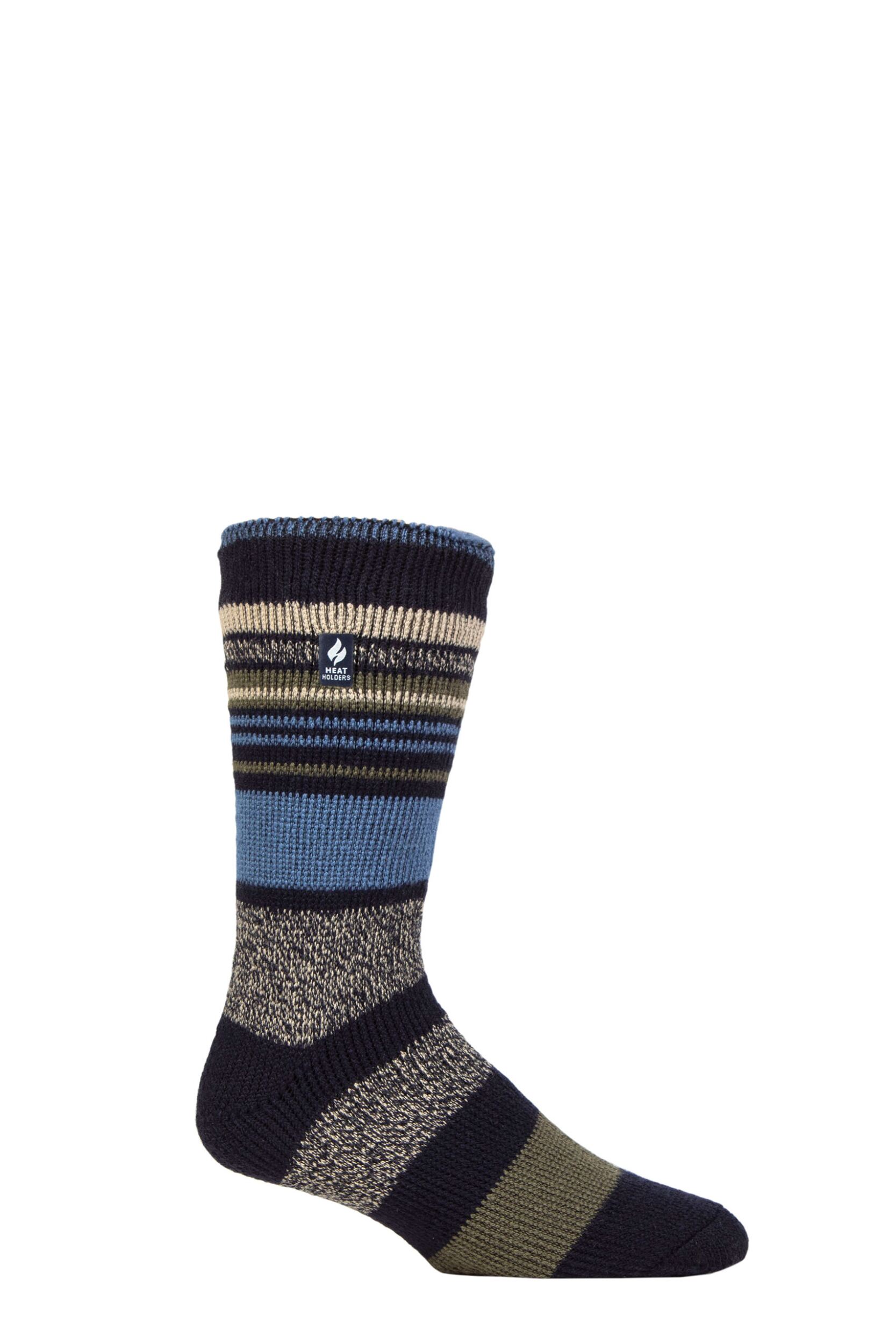 Mens 1 Pair SOCKSHOP Heat Holders 2.3 TOG Patterned and Plain Thermal Socks Galway Multi Stripe Navy / Olive 6-11