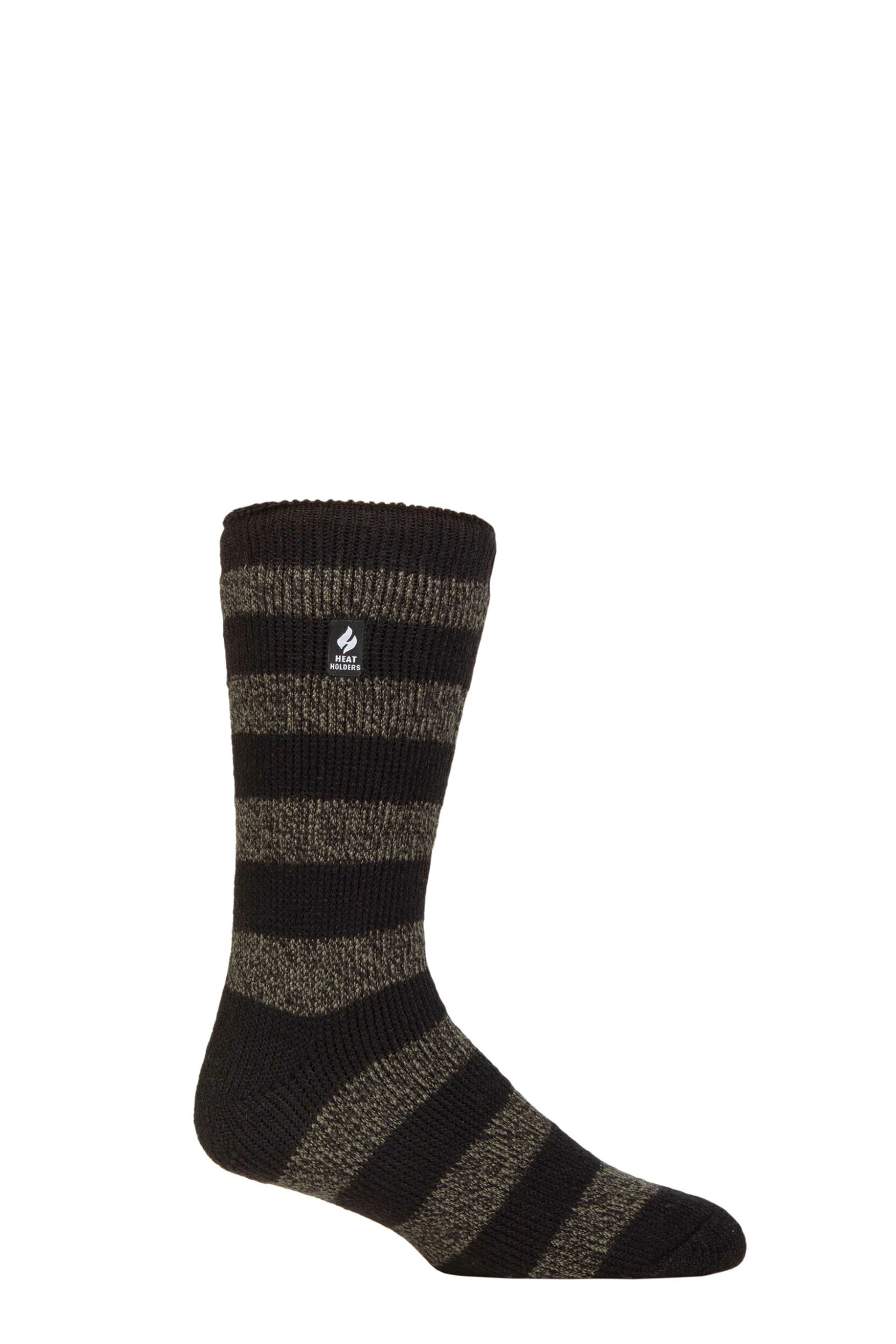 Mens 1 Pair SOCKSHOP Heat Holders 2.3 TOG Patterned and Plain Thermal Socks Palermo Chunky Stripe Black / Olive 6-11