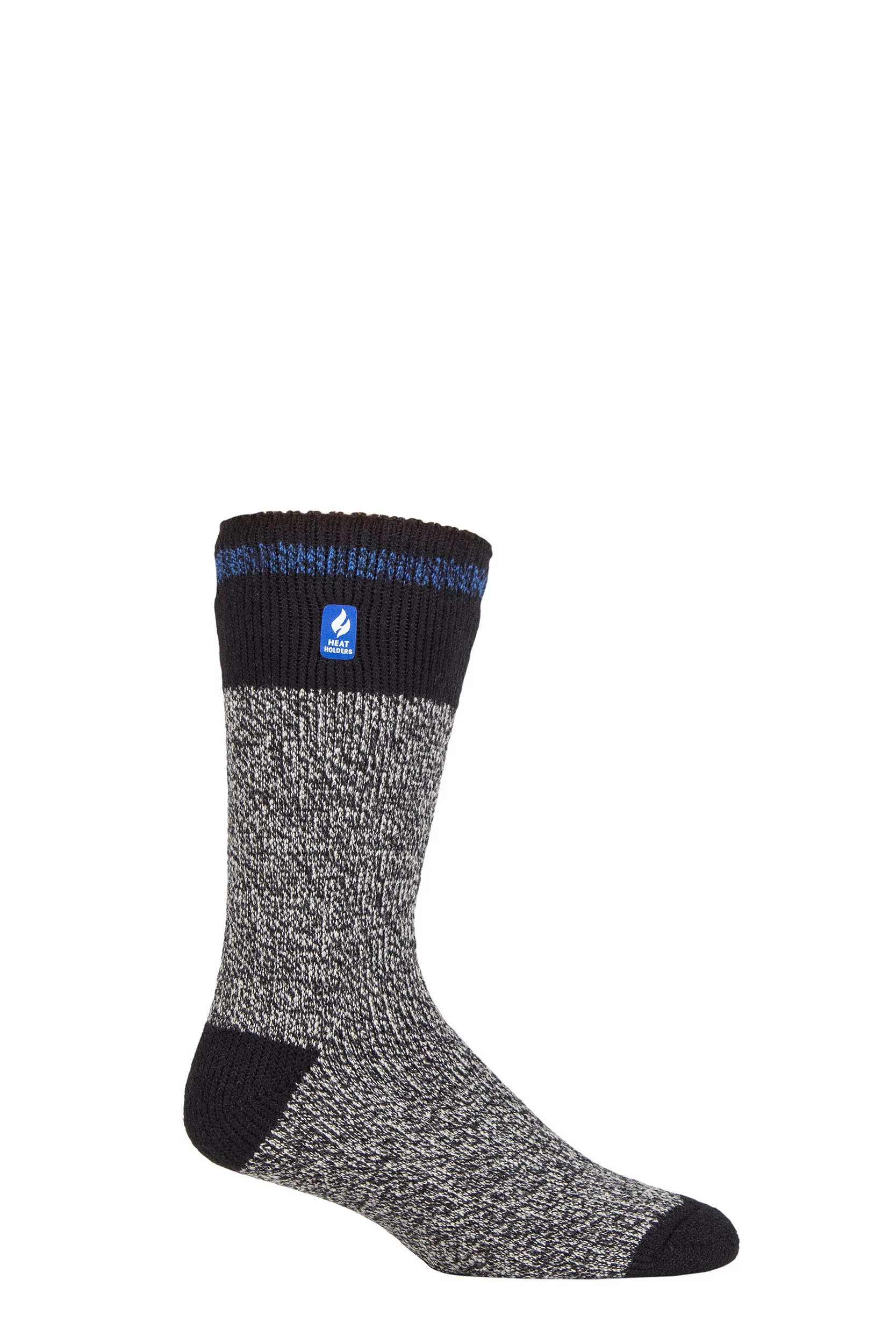 Mens 1 Pair SOCKSHOP Heat Holders 2.3 TOG Patterned and Plain Thermal Socks Porto Rugged Block Stripe Black / Blue 6-11 Mens