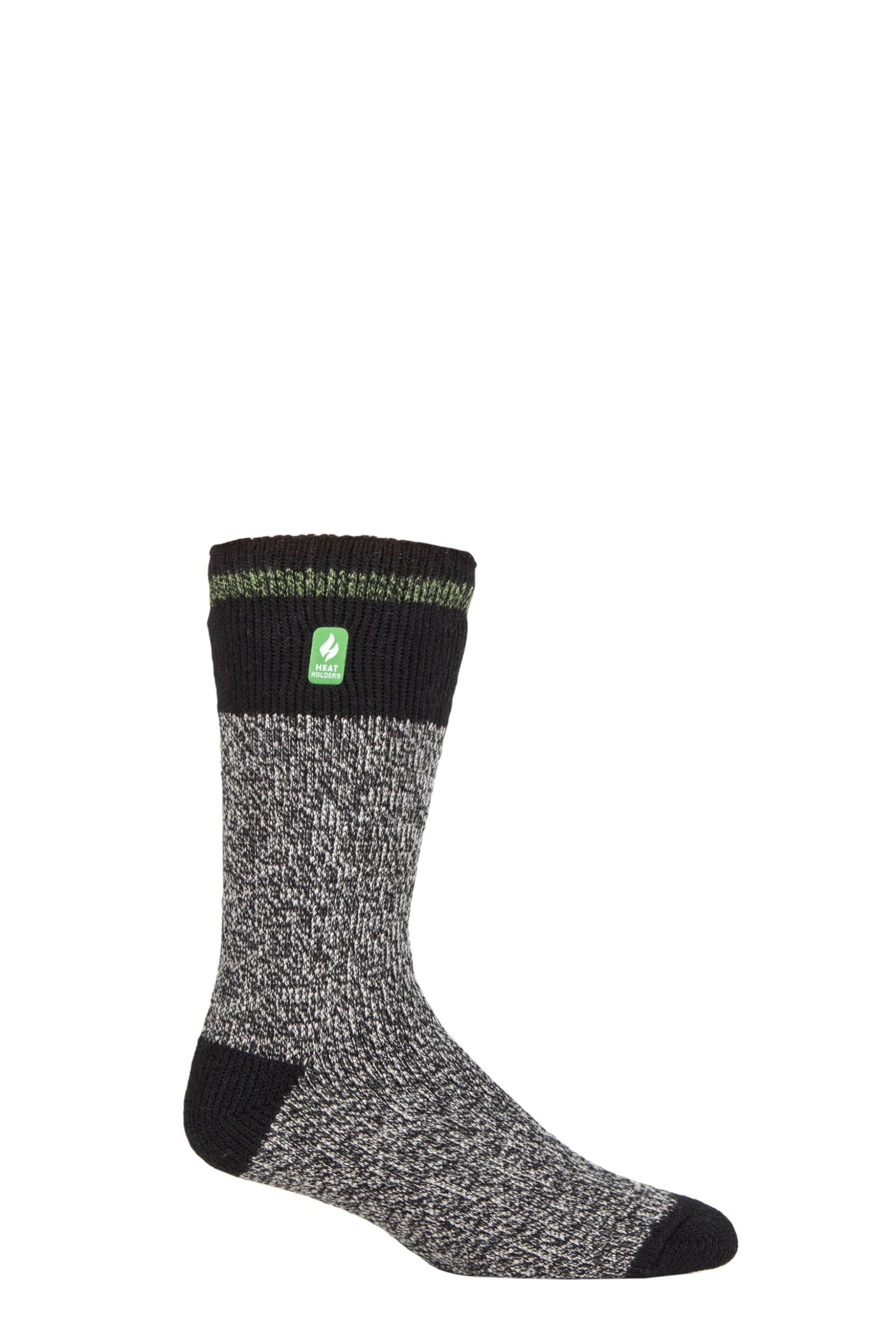 Image of Mens 1 Pair SOCKSHOP Heat Holders 2.3 TOG Patterned and Plain Thermal Socks Porto Rugged Block Stripe Black / Green 6-11 Mens