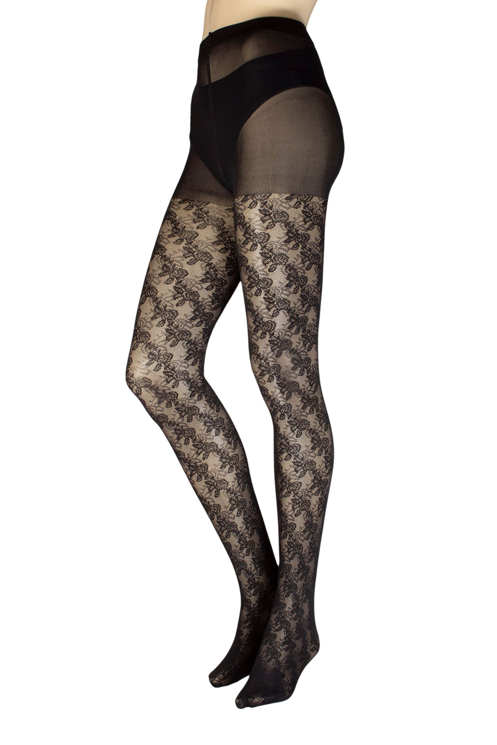 Women's 1 Pair Charnos Floral Tights Black M-L