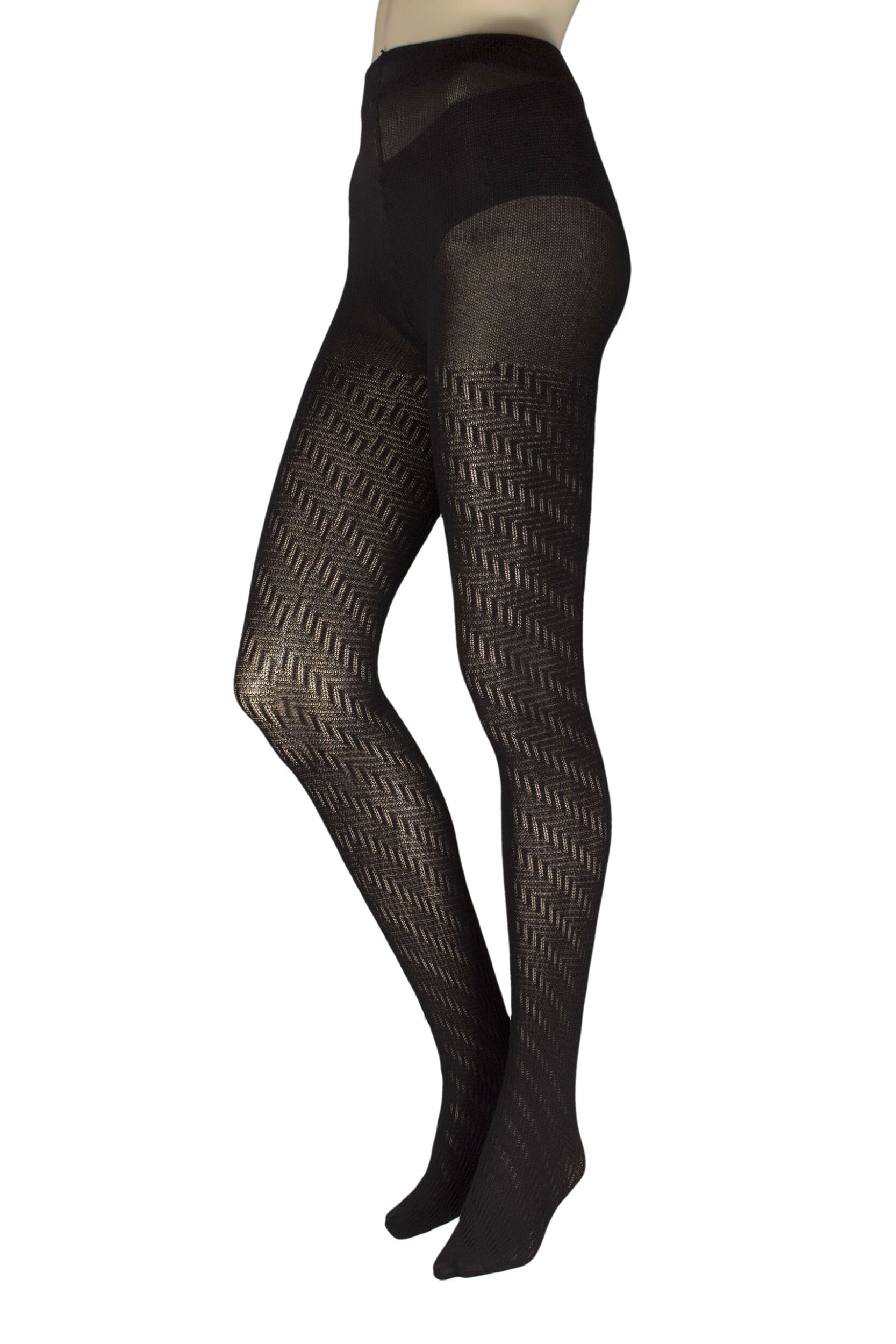 Women's 1 Pair Charnos Textured Zig Zag Knitted Tights Black M/L