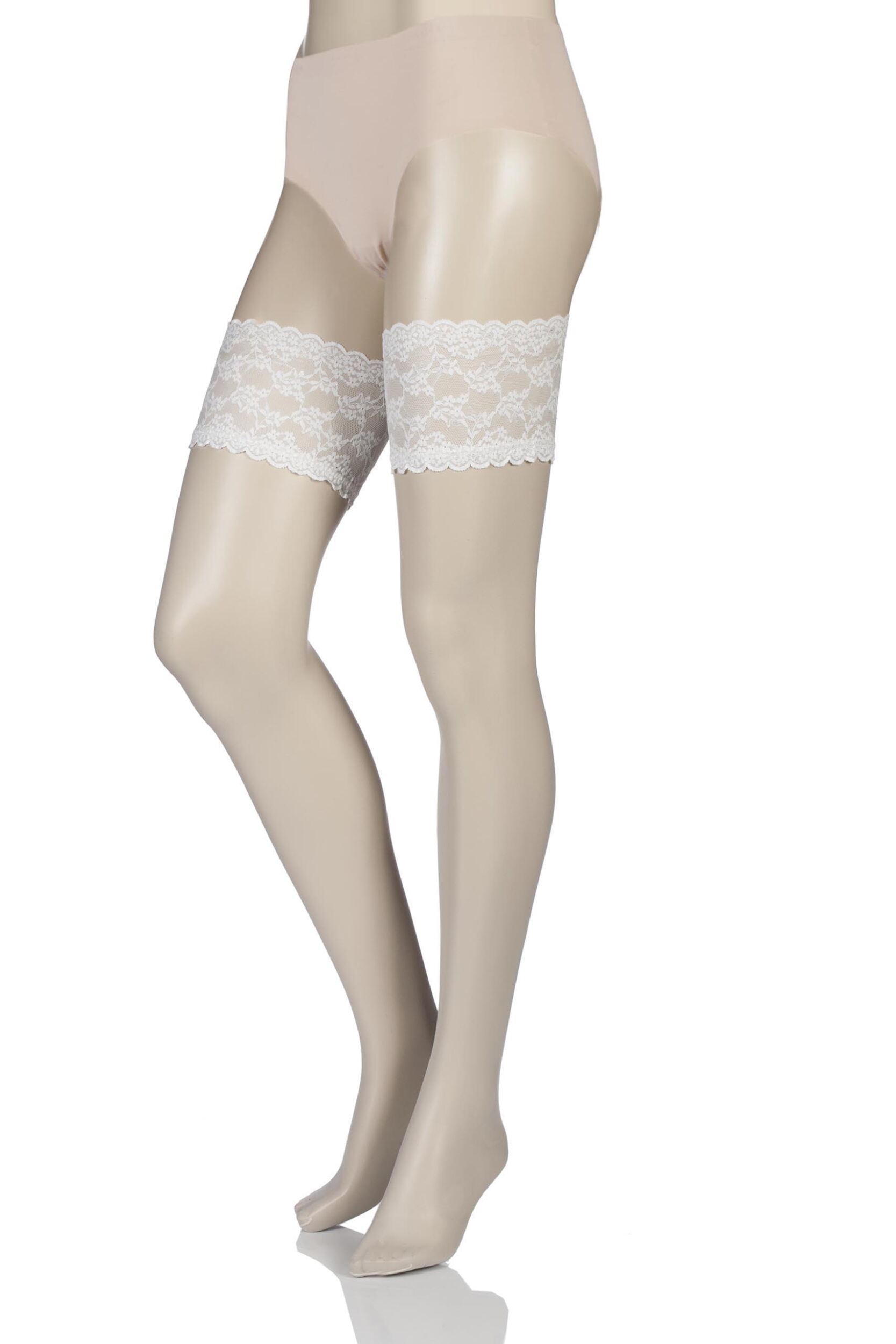 1 Pair Champagne 10 Denier Bridal Lace Top Hold Ups Ladies Medium - Charnos